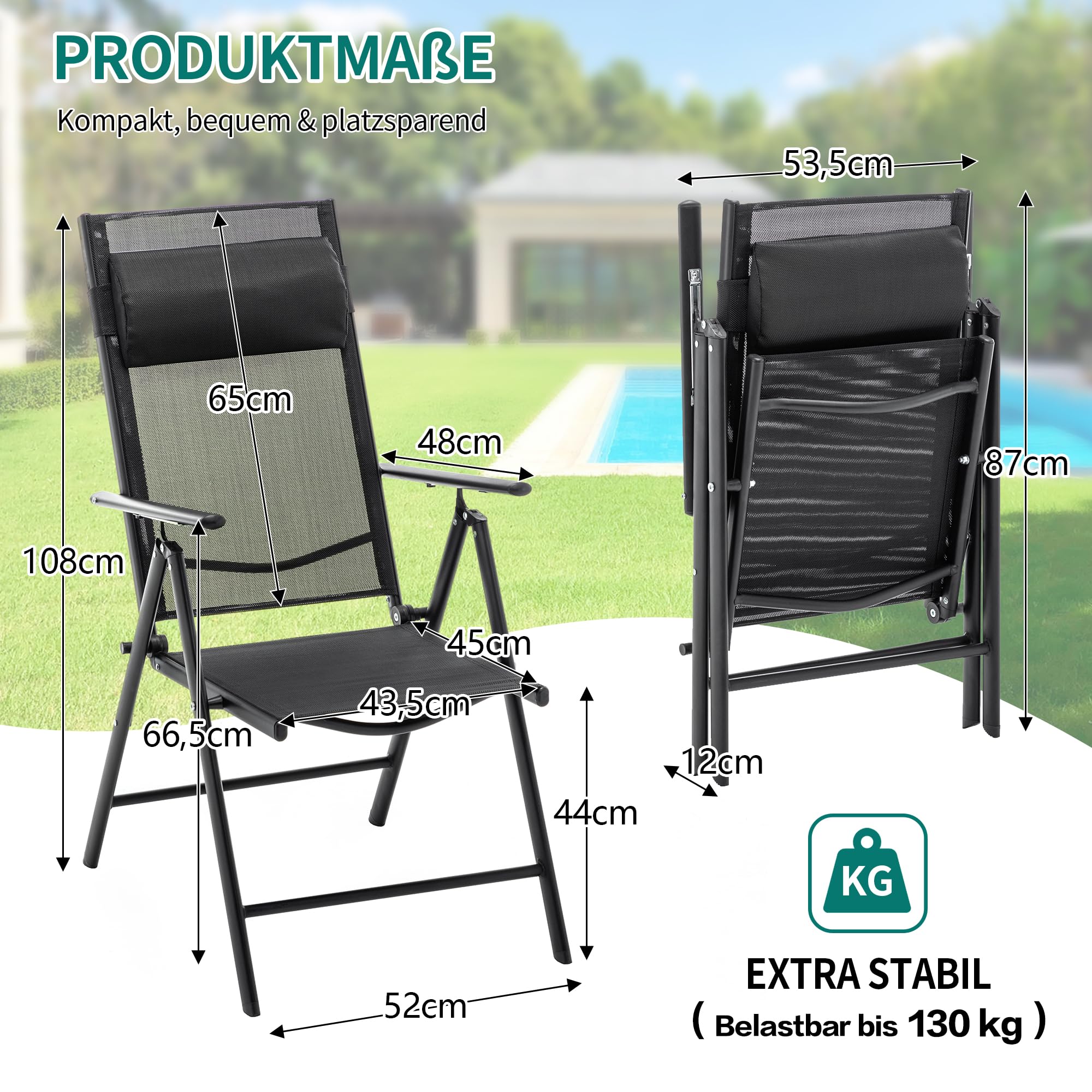 Thanaddo Gartenstuhl Hochlehner 2er Set Klappbar Gartenstühle mit Kopfkisssen, 130 KG Belastbar, Metall Campingstuhl Balkonstuhl Wetterfest für Garten, Terrasse, Balkon und Camping, Schwarz