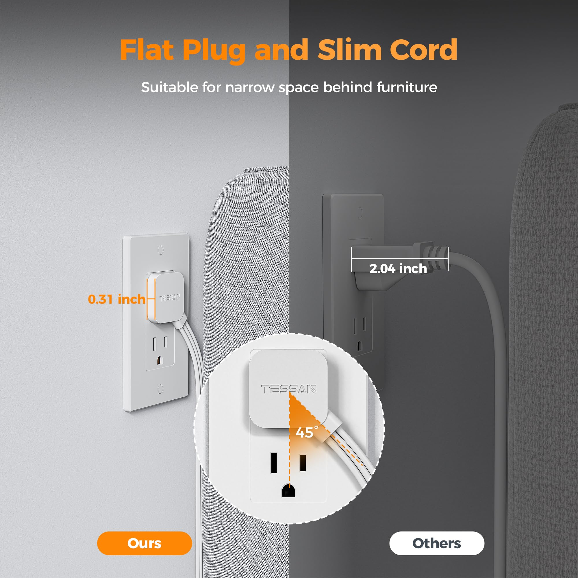 TESSAN Tower Power Strip Flat Plug with 1050J Surge Protection, 6 Ft, Grey — Amazon image 8
