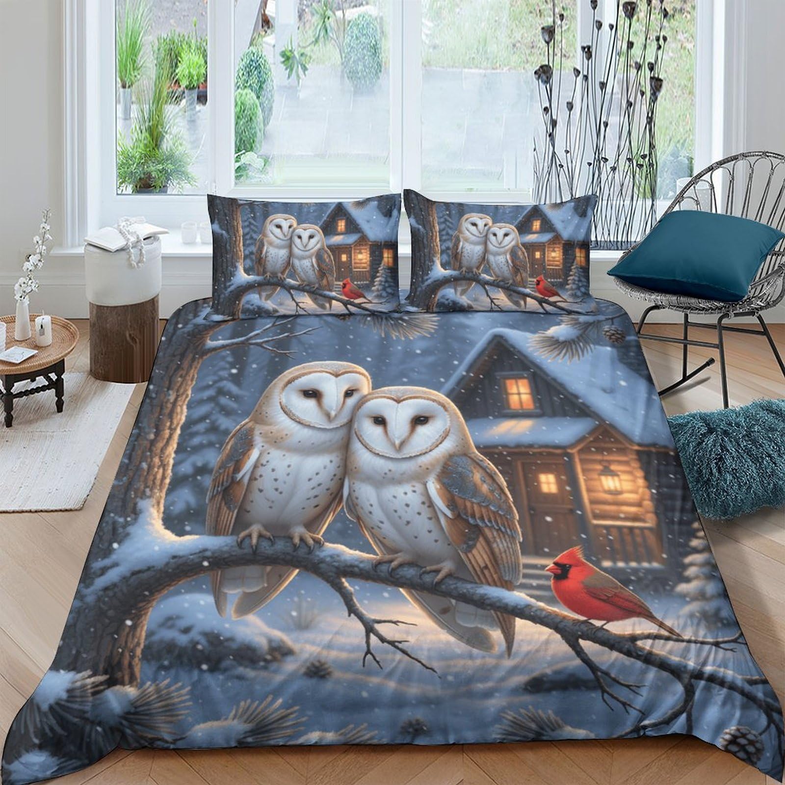 Ctjqhvkz Style-4 3D Printed Winter Owls Fitted Sheet Microfiber Soft Woodland Cabin Bed Cover For Bedroom Guest Room Decor Single（135X200cm）