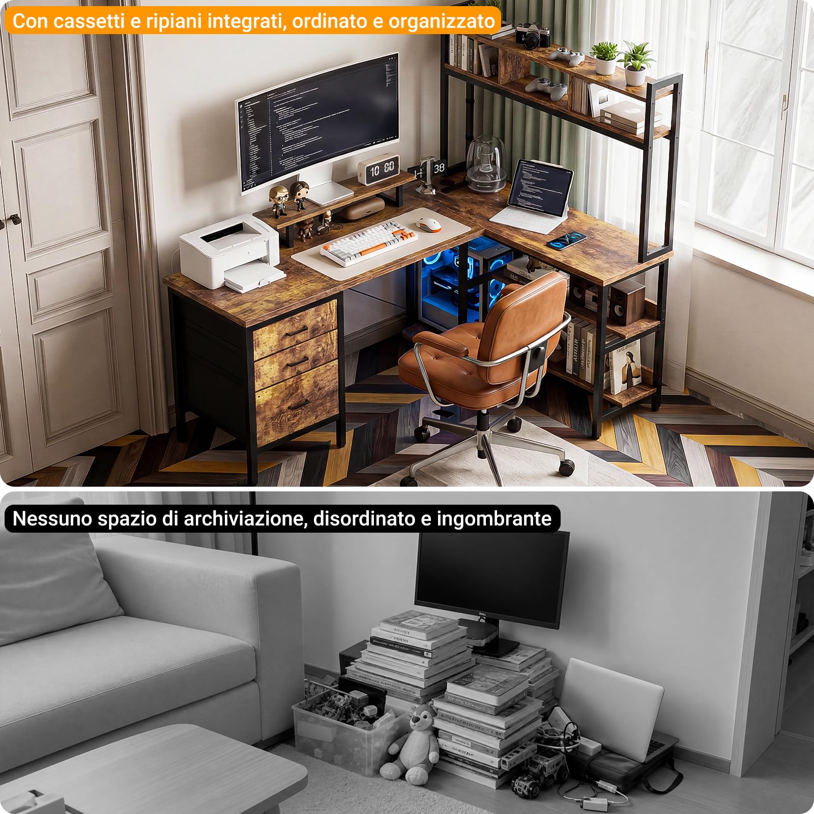 Homieasy Scrivania Gaming 150cm a L LED, Prese, Cassetti, Marrone Rustico | USB &Type-C, Libreria, Supporto Monitor, Reversibile, Salvaspazio, Struttura in Metallo e MDF