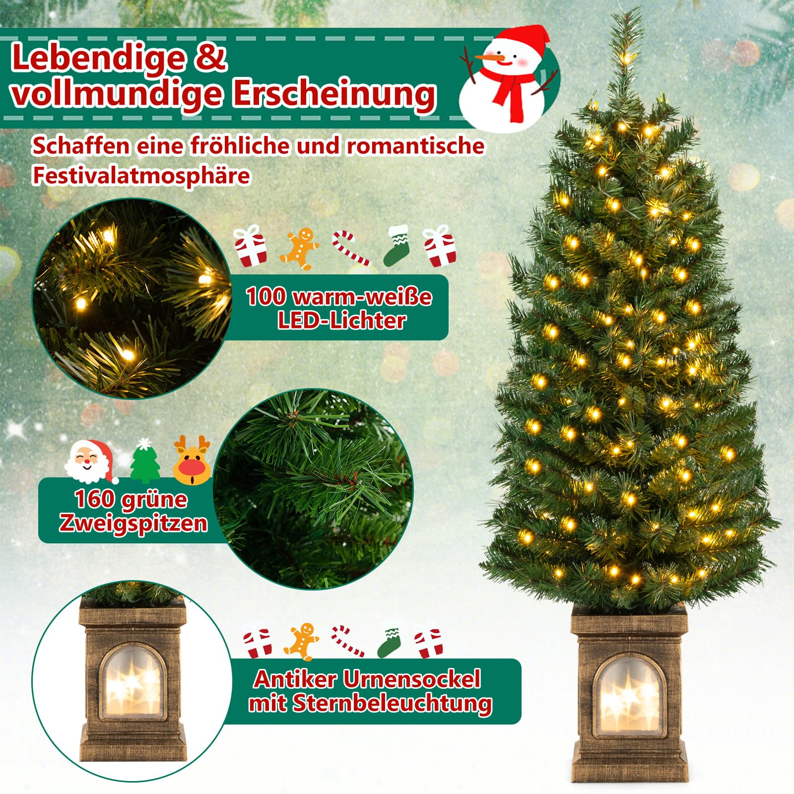 COSTWAY 120 cm künstlicher Weihnachtsbaum mit Beleuchtung, Tannenbaum im Topf, 3 Lichtmodi, mit warmweißen LED-Lichtern & Timer & 160 PVC Zweigspitzen, Christbaum Topfbaum für Eingang Haus Büro, Grün
