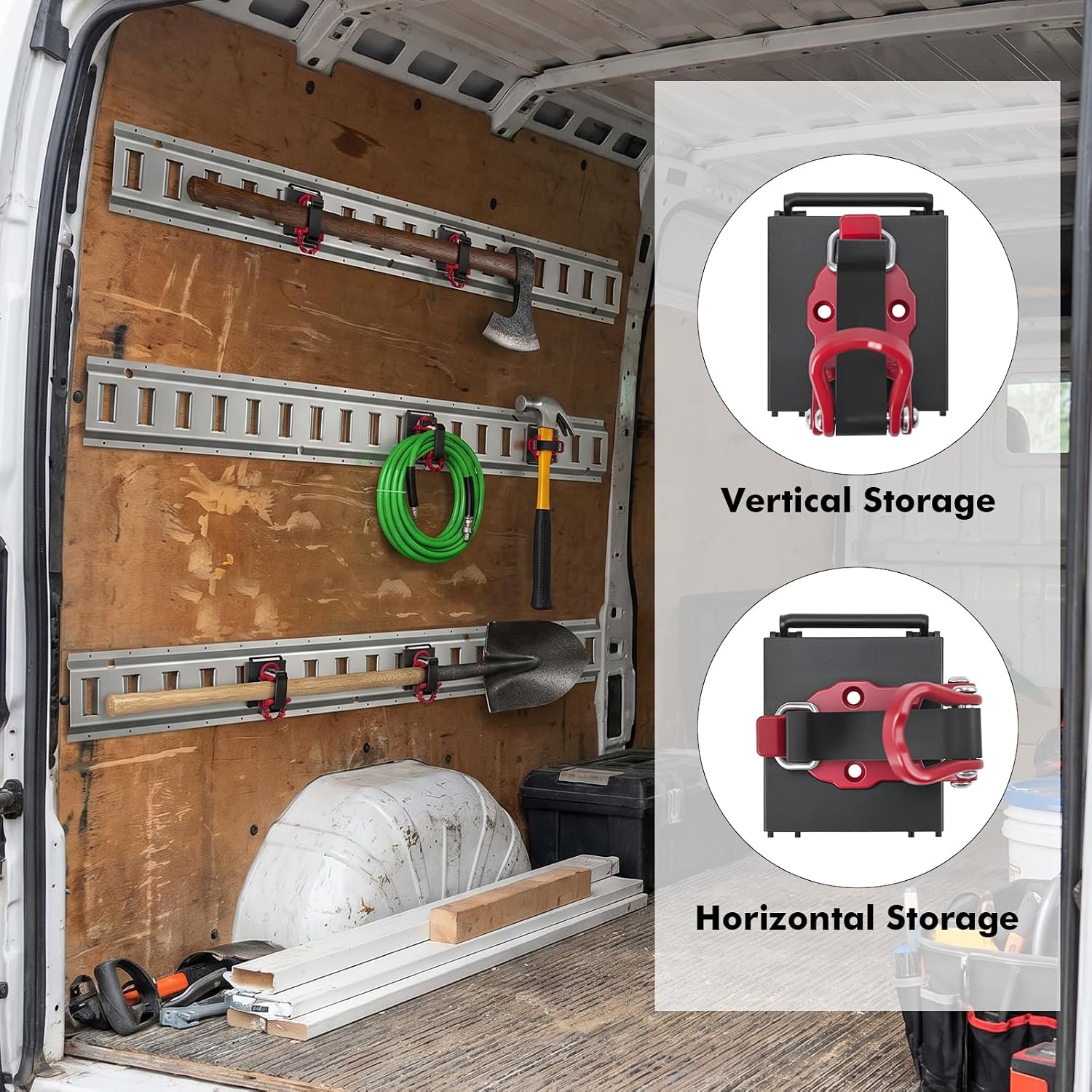 2 Pack E Track Tool Holder with Quick Release, Adjustable Clamp Mount for E-Track Accessories, Holds Broom, Shovel, Rake, Hose & Tools, Heavy Duty for Trailer, Truck & Cargo Organization，Red