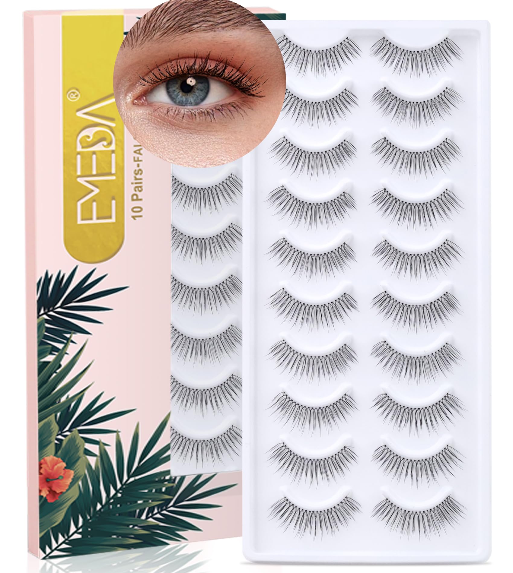 Natural Look False Eyelashes 10 works 100% hand-tied Short Lashes Length 9-11mm Transparent Invisible Band Fake Eye Lashes Strip Natural Faux lashes (A37)
