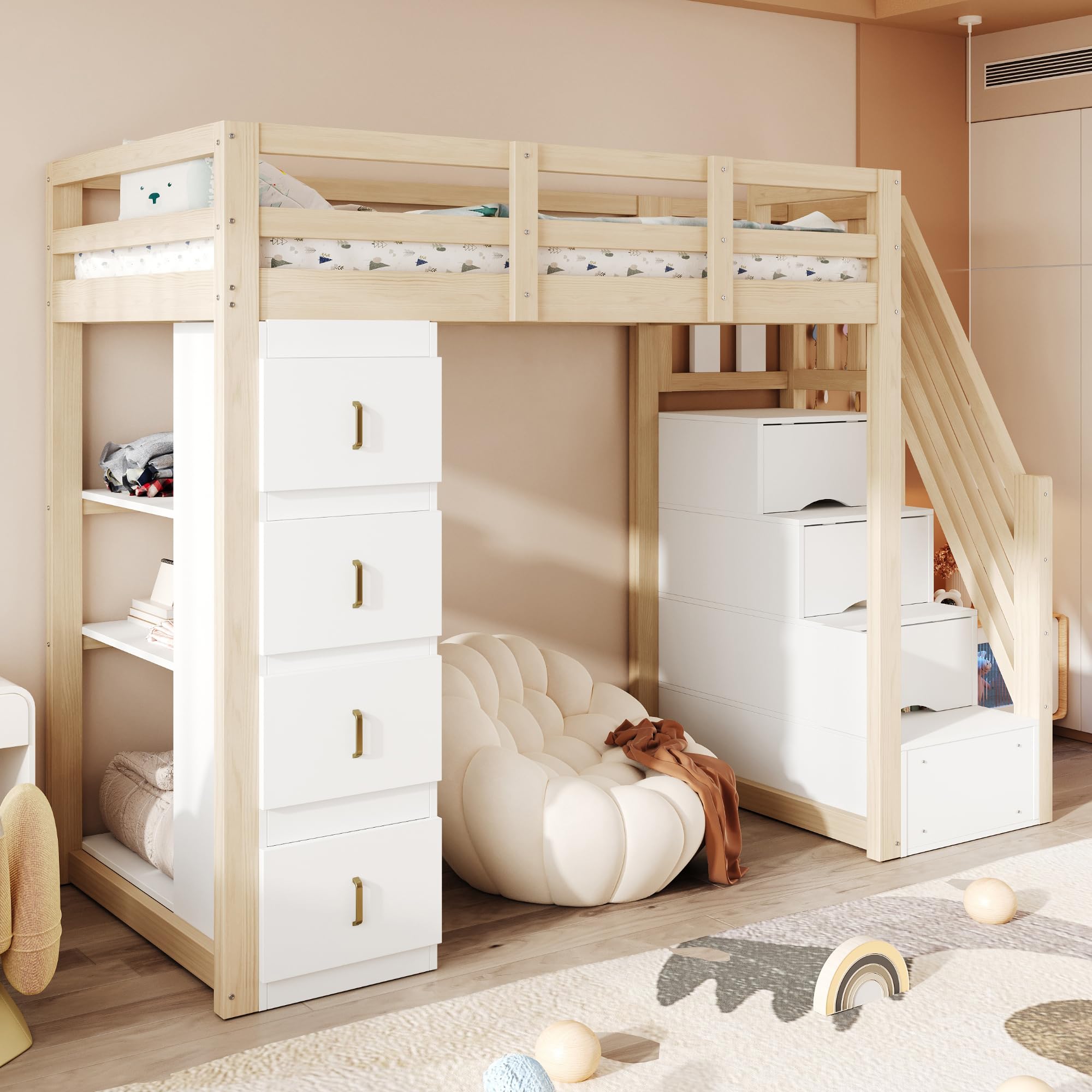 Cama alta 90 x 200 cm con cajones de almacenamiento, estantería de varios niveles, escalera segura, cama multifuncional de madera maciza, color madera natural