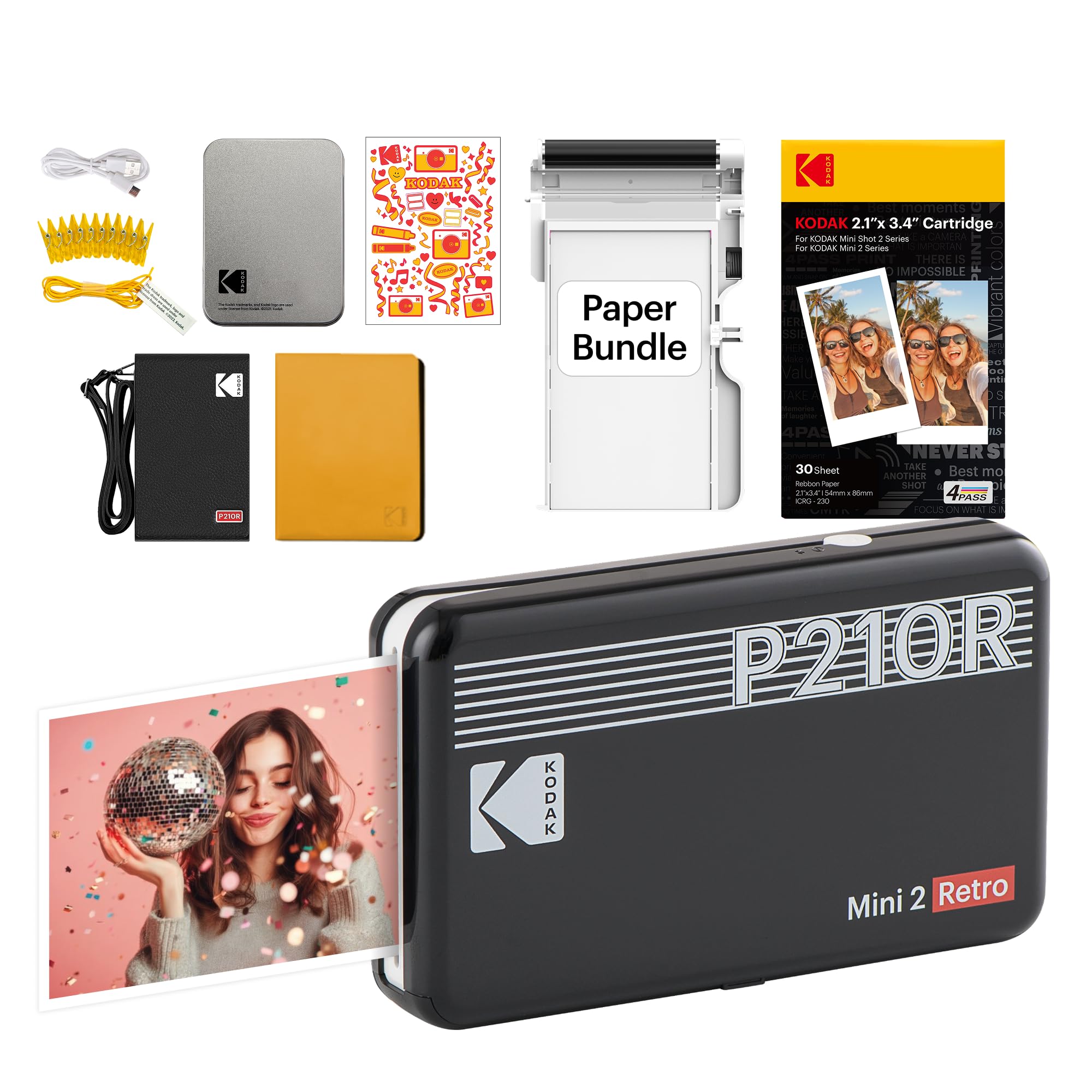 KODAK Mini 2 Retro 4PASS Mobile Photo Printer 5.3 x 8.6 cm Gift Package with 68 Sheets, Black