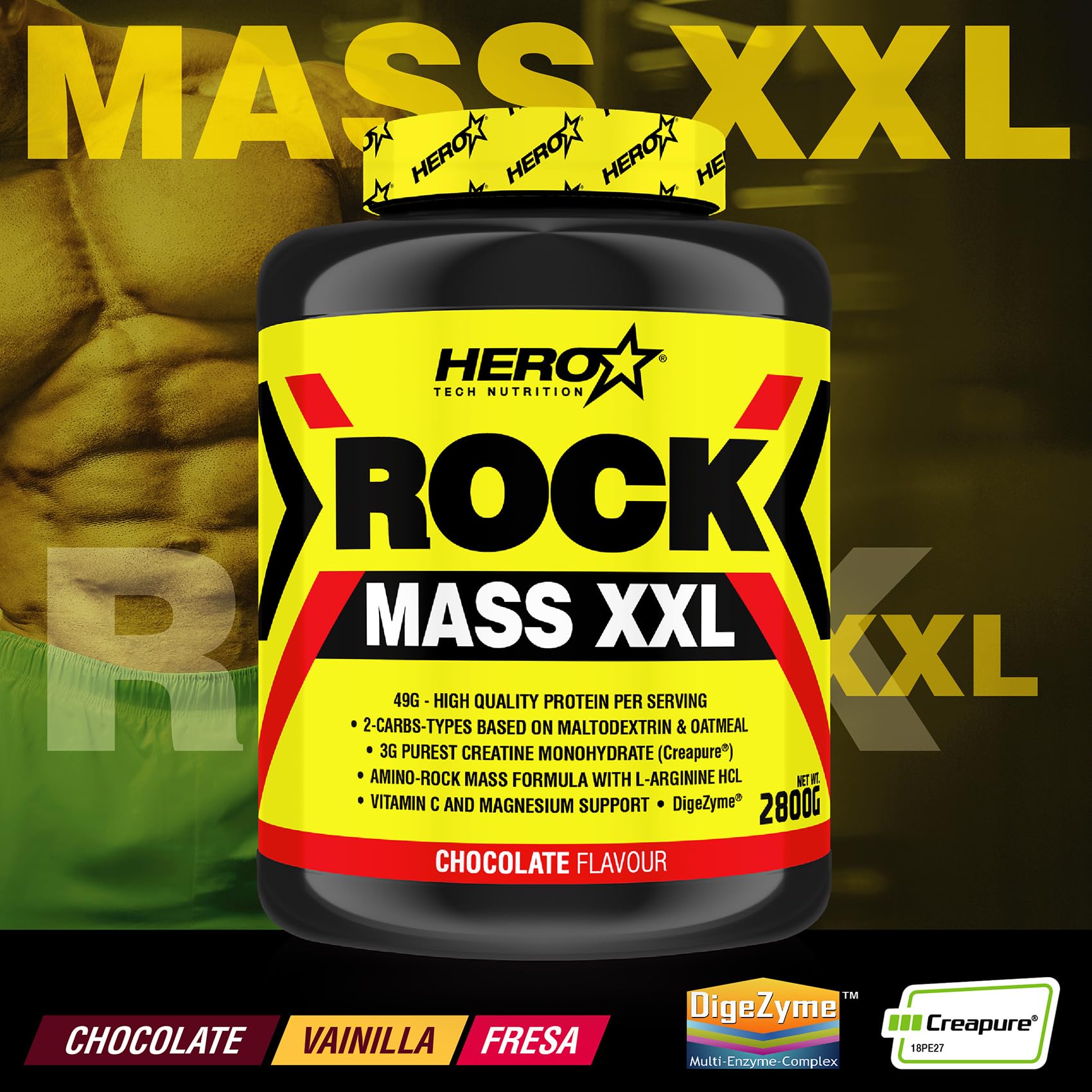 HERO TECH | ROCK MASS XXL 2800 Gr | Suplemento con Hidratos de Carbono y Proteína para Ganar Masa Muscular | Con Creatina, BCAA, Glutamina, Arginina, Vitamina C | Sin OGM (2.800 gr, Chocolate)