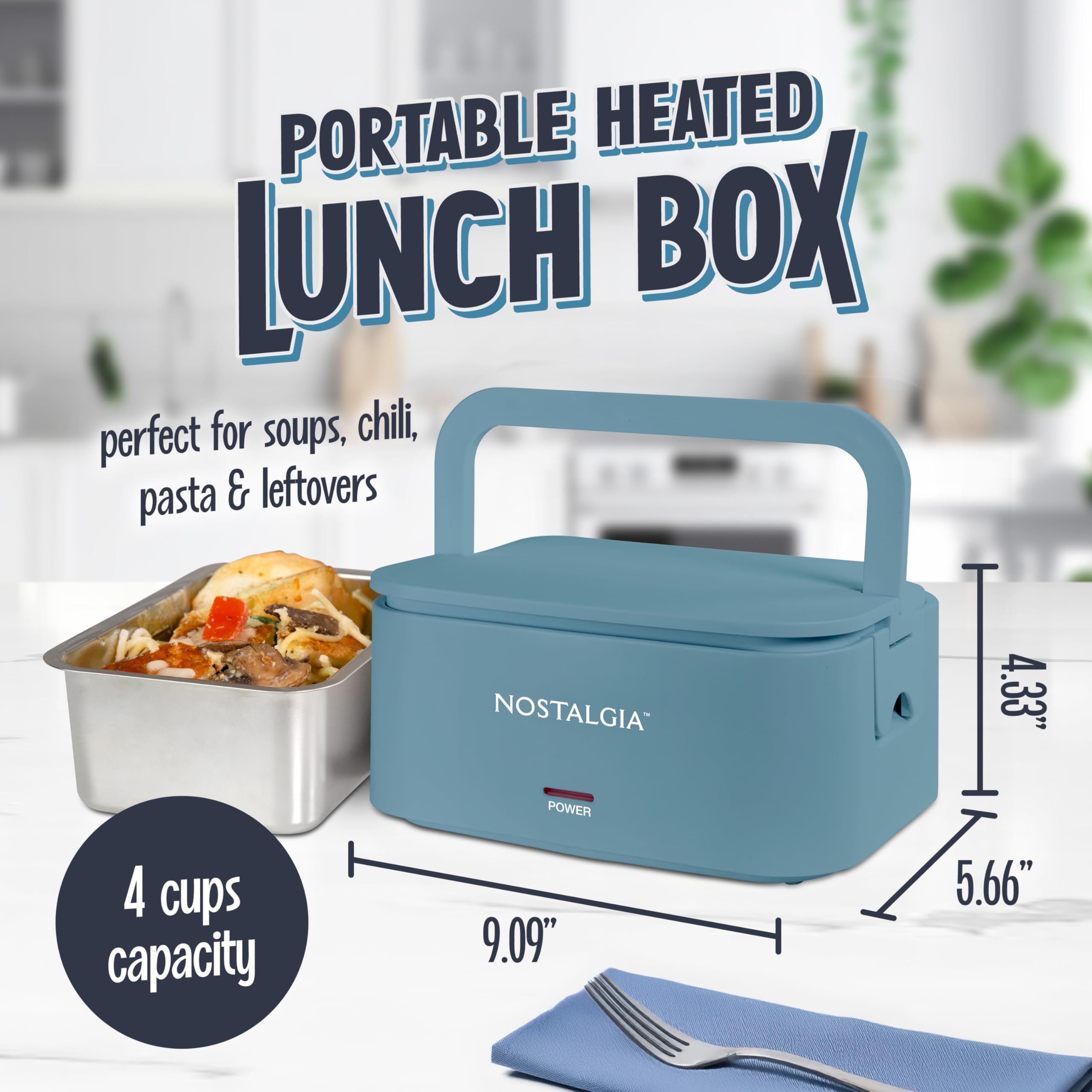 Nostalgia Lonchera portátil con calefacción, calentador de alimentos de acero inoxidable para 4 tazas, cable desmontable, tapa a prueba de fugas, asa de transporte, portátil para el trabajo y viajes