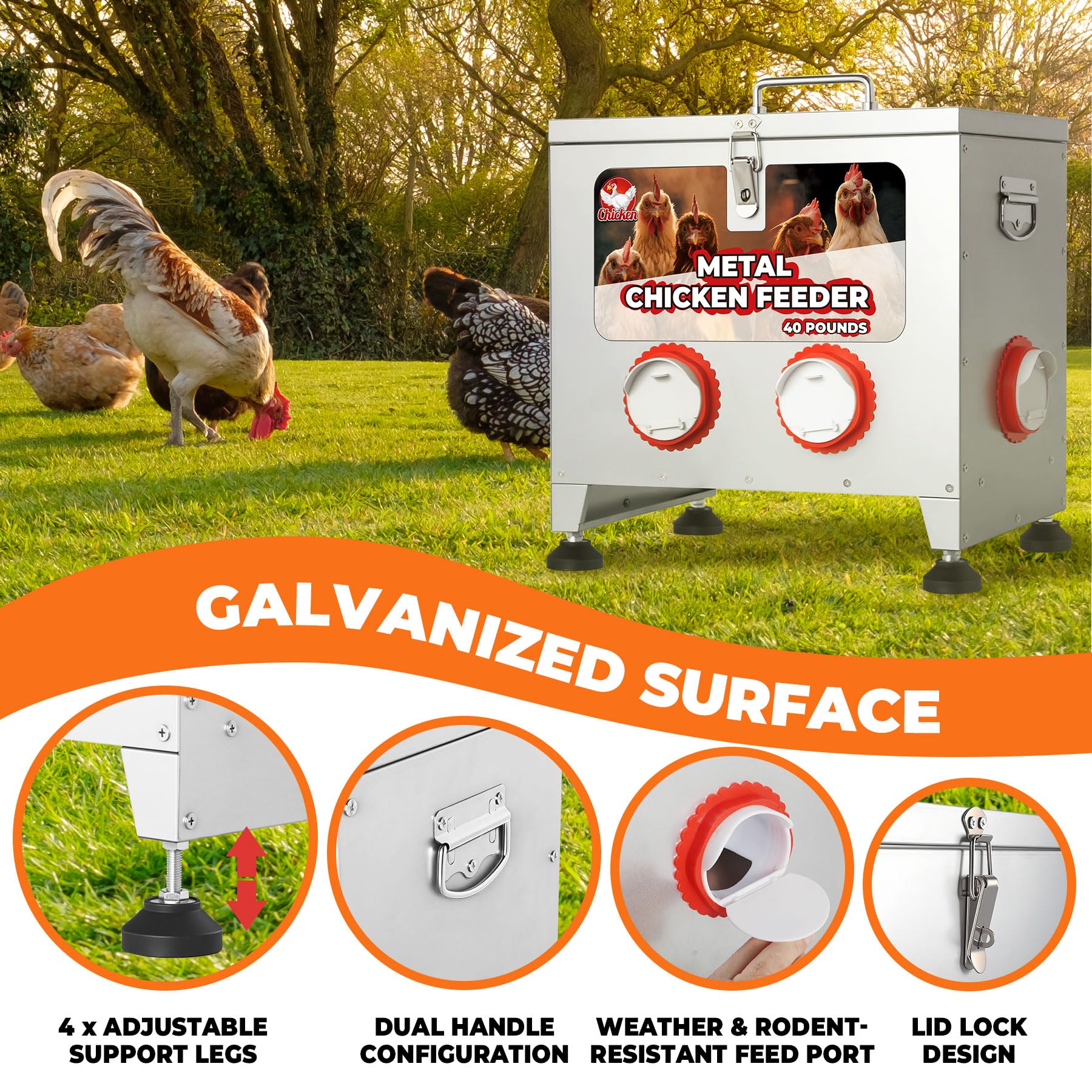 Comedero de pollo galvanizado de 6 puertos de 40 libras con altura ajustable, tapa de bloqueo y asas remachadas, gran capacidad, resistente a la lluvia, alimentador automático de pollo, color plateado