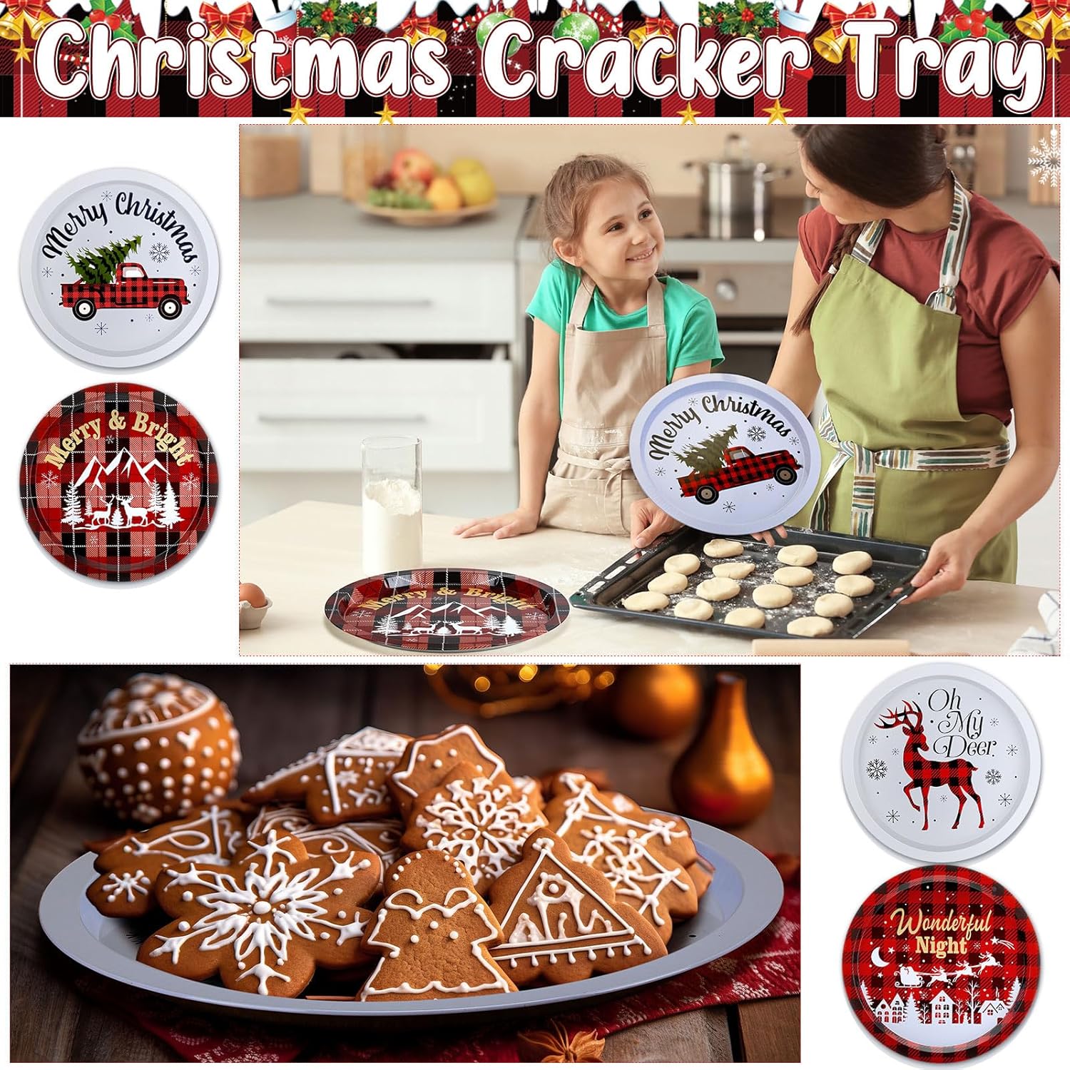 Yaomiao 8 Pcs Christmas Cookie Plates Christmas Trays Round Plaid Serving Platter, Red and Black Iron Cookie Trays for Dessert Snacks Xmas Party Decorations, 4 Styles (Classic Style)
