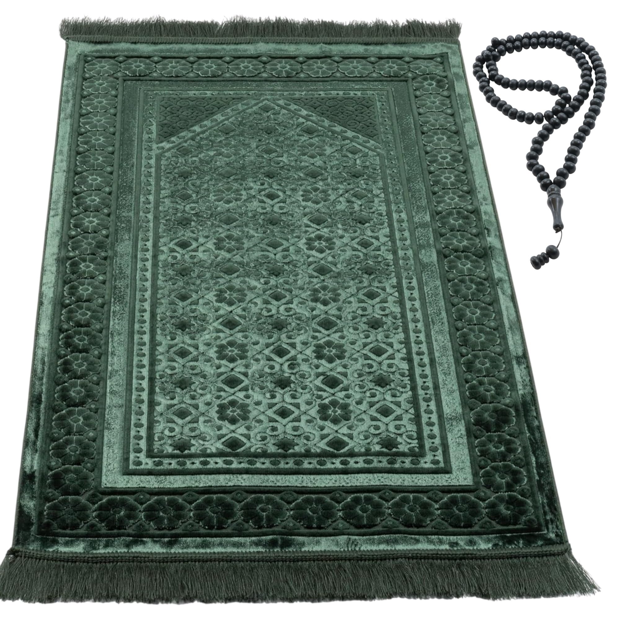 Modefa Velvet Prayer Rug - Soft Plush Turkish Janamaz Sajada Carpet for Men and Women - Plain Solid Prayer Mat Ramadan Eid Gift - with Prayer Beads - Luxury Floral Stamp (Dark Green)