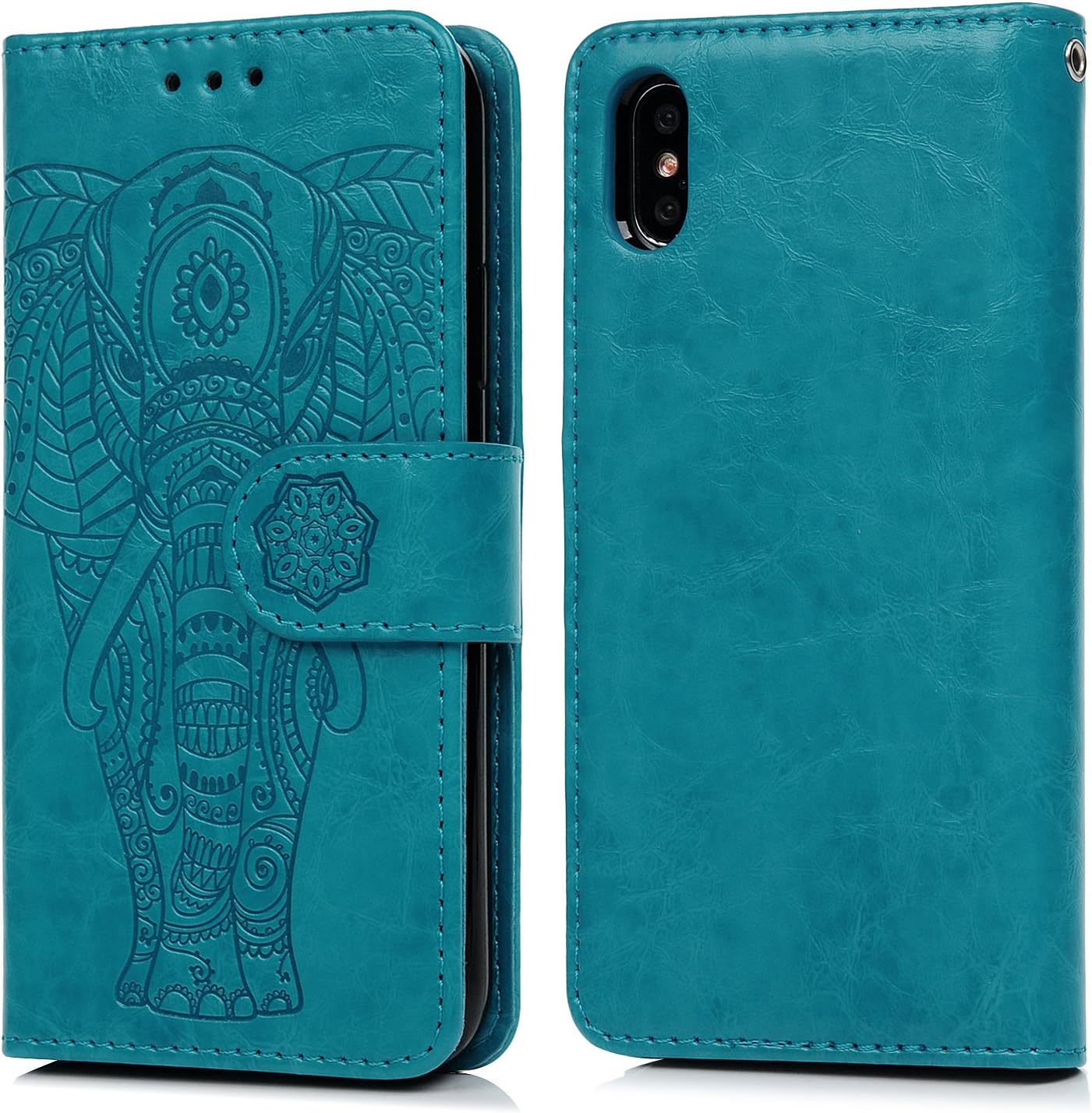 Compatible with iPhone X Case, iPhone Xs Wallet Case Premium PU Leather Oil Wax Embossed Elephant Detachable Magnetic Cover Credit Card Cash Slots Cover for iPhone X/XS (Blue)