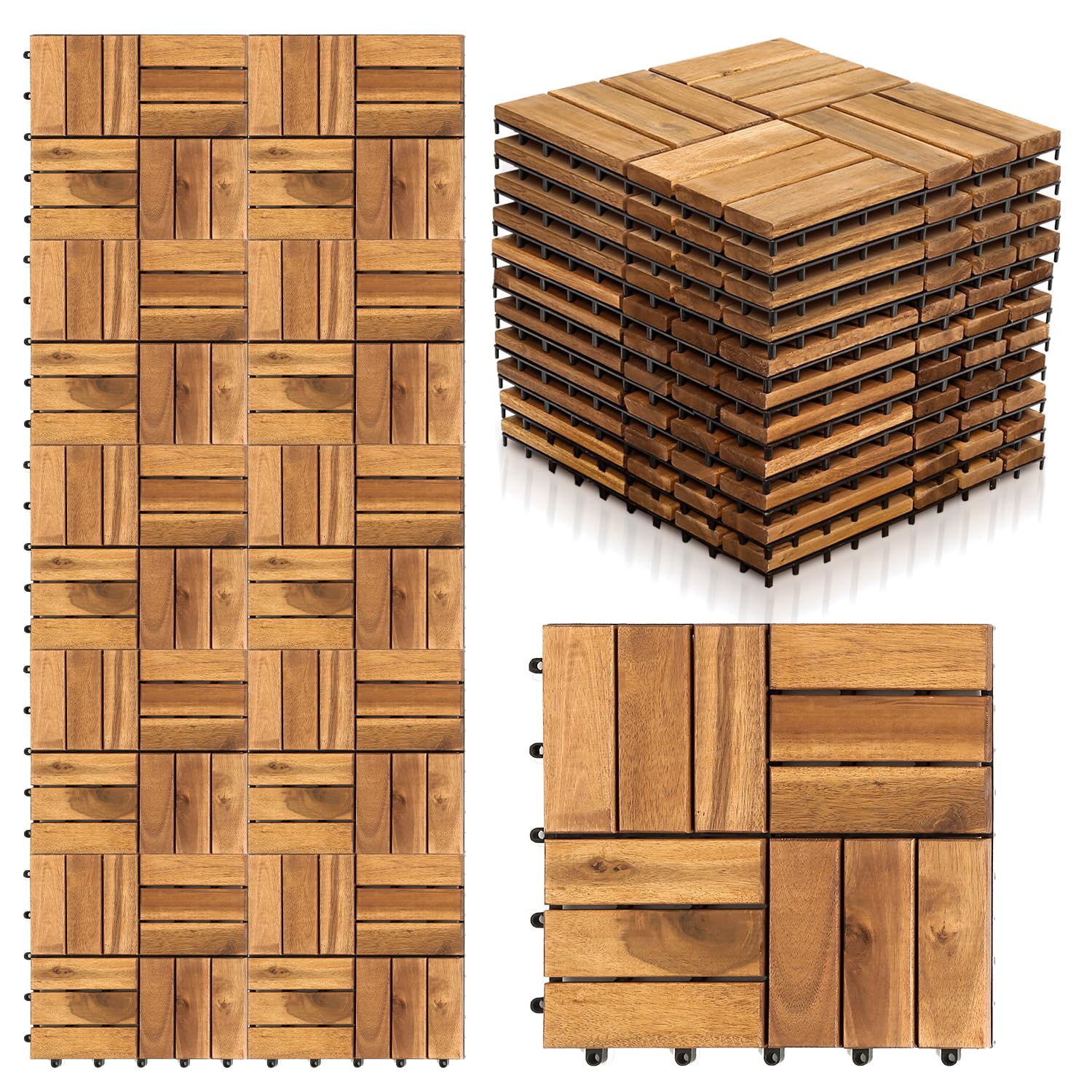 Eulenke Lot de 11 dalles de terrasse en bois d'acacia - 1 m² - 30 x 30 cm - À clipser - Pour jardin, terrasse, balcon