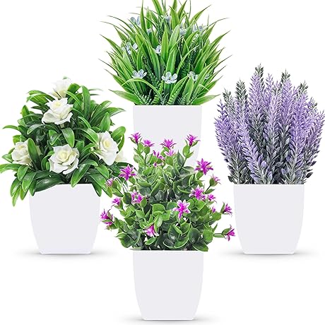 4 Pack Vibrant Lifelike Faux Green Plants with Flowers for Indoor Home Decoration
