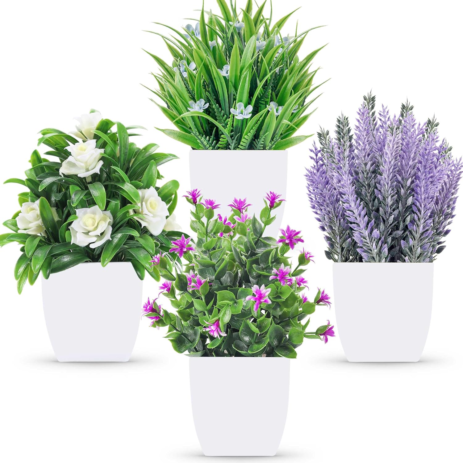 Der Rose 4 Pack Fake Plants Small Artificial Potted Faux Plants with Flowers for Home Bathroom Living Room Office Decor Indoor