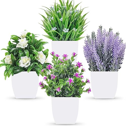 Der Rose 4 Packs Small Fake Plants Mini Artificial Faux Plants in Pots for Home Office Bedroom Living Room Decor