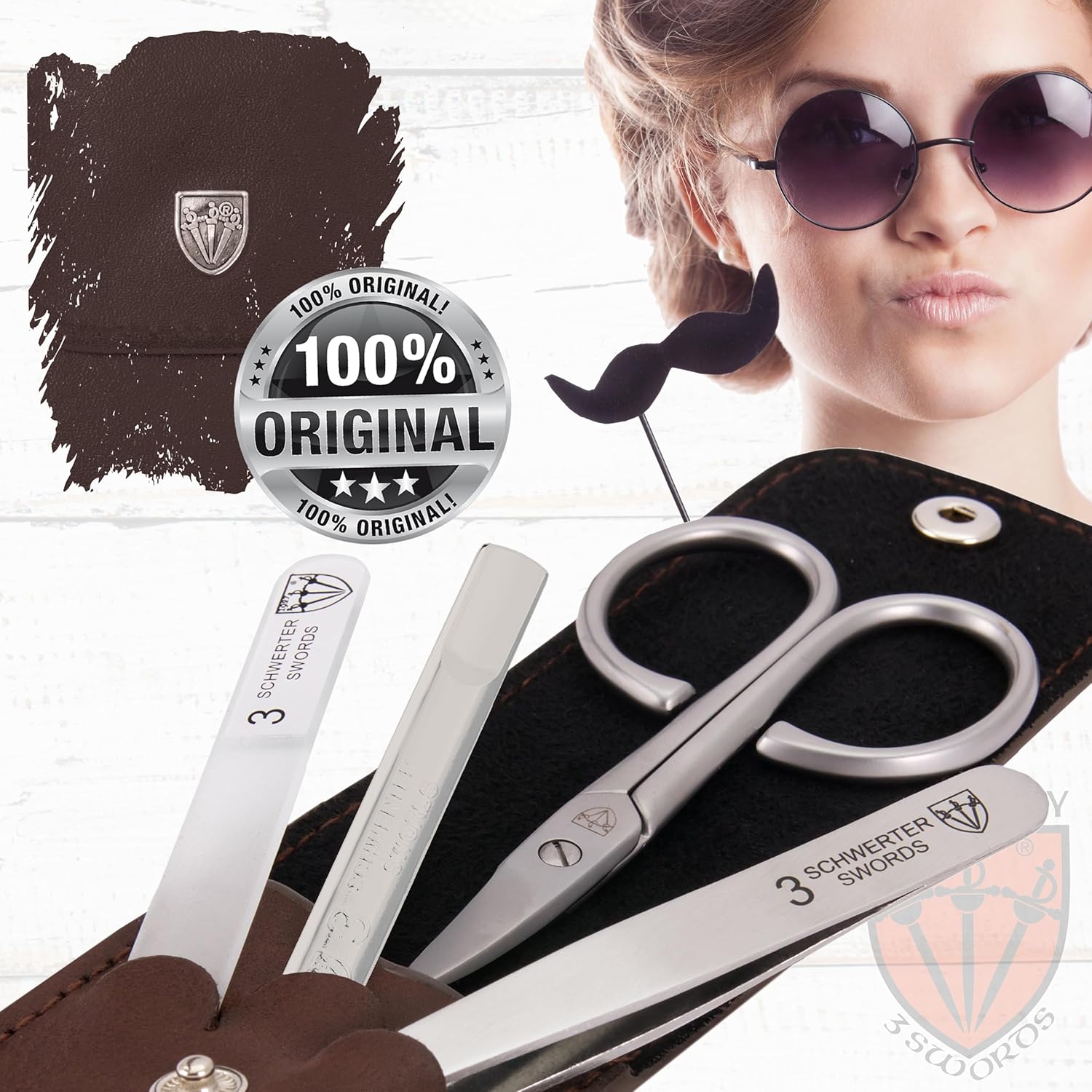 3 Swords Germany - brand quality 3 piece stainless steel INOX manicure pedicure grooming kit set for professional finger & toe nail care scissors file tweezers genuine leather case in gift box (03874)