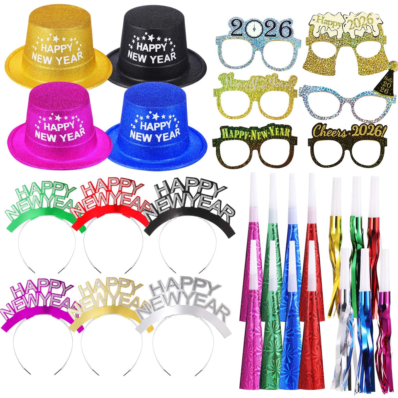 Sratte 36 piezas de suministros de fiesta de Año Nuevo 2025, 4 sombreros de colores, 6 lentes, 6 tiaras superiores, 8 cuernos que soplan, 12 squawkers para fiesta (bonito)