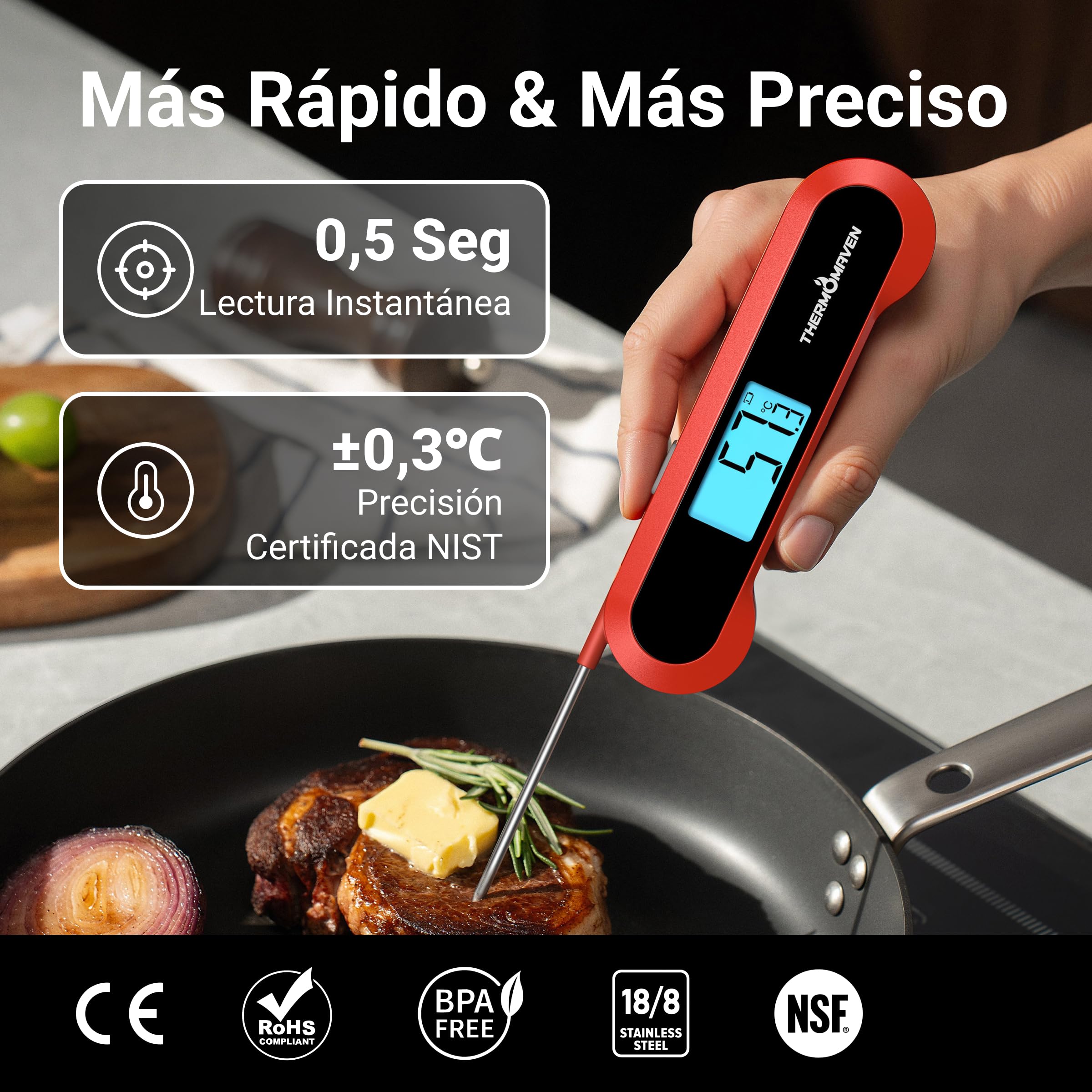 ThermoMaven F1 Termómetro Digital para Carne - Lectura 0,5s Termómetro Cocina, NIST ±0,3°C, IP67 Impermeable Magnético, para Barbacoa Horno Freidora Aire Asado Chuletón, Regalo Hombres Mujeres