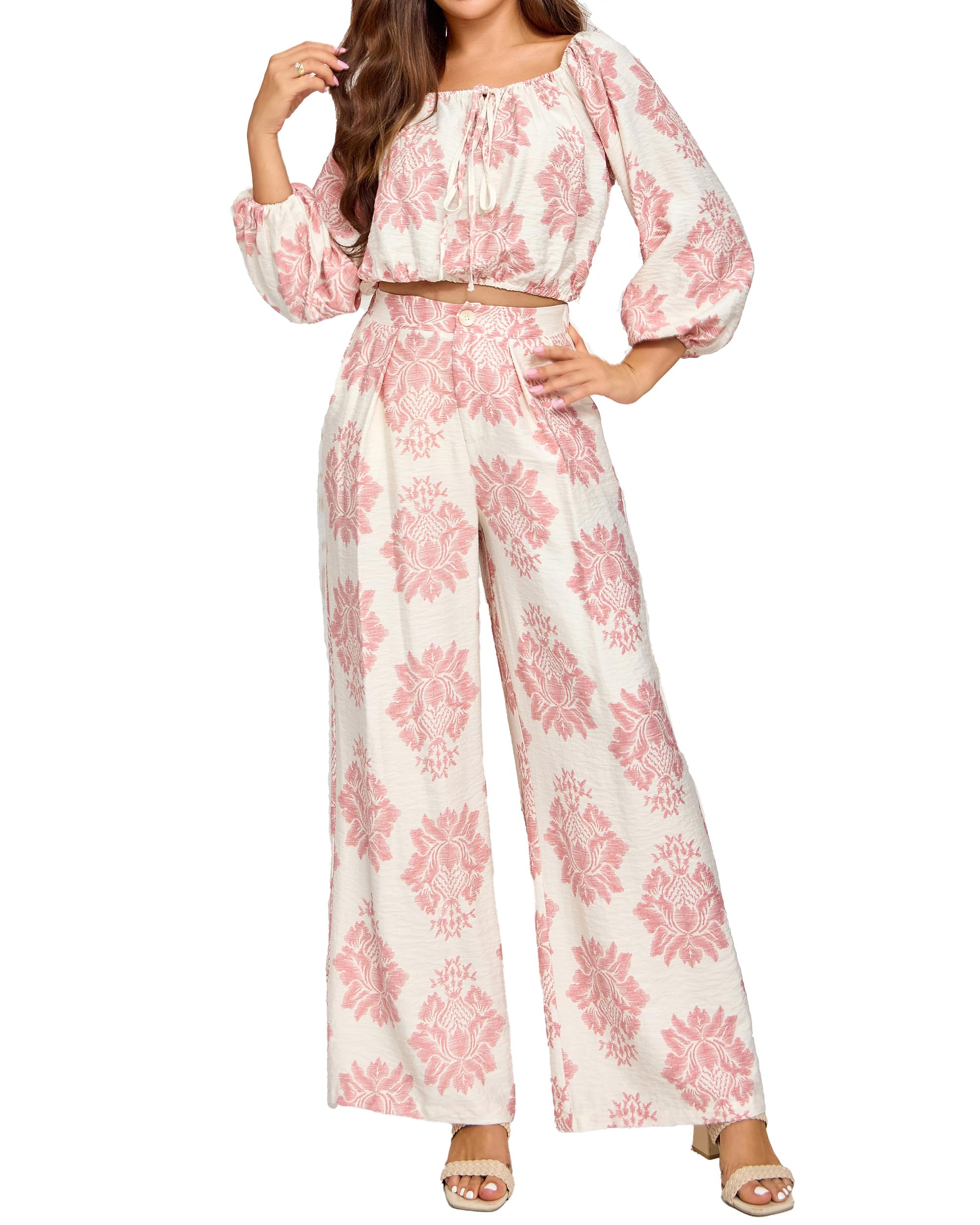Womens Fall Two Piece Outfits Tie Off the Shoulder Tops and Pockets Pants Rayon Printed Matching Sets