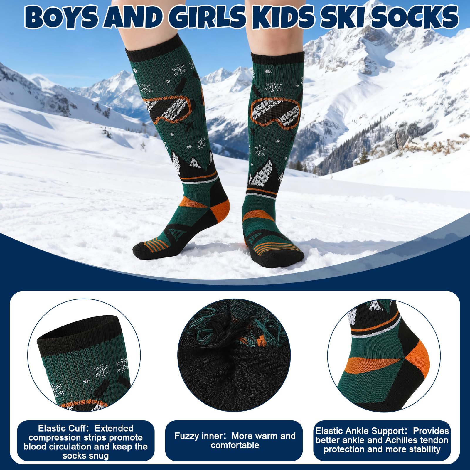 Lot de 6 paires de chaussettes de ski thermiques épaisses en laine mérinos pour garçons et filles - Chaussettes d'hiver pour le ski, le snowboard, la randonnée, les enfants de 8 à 12 ans