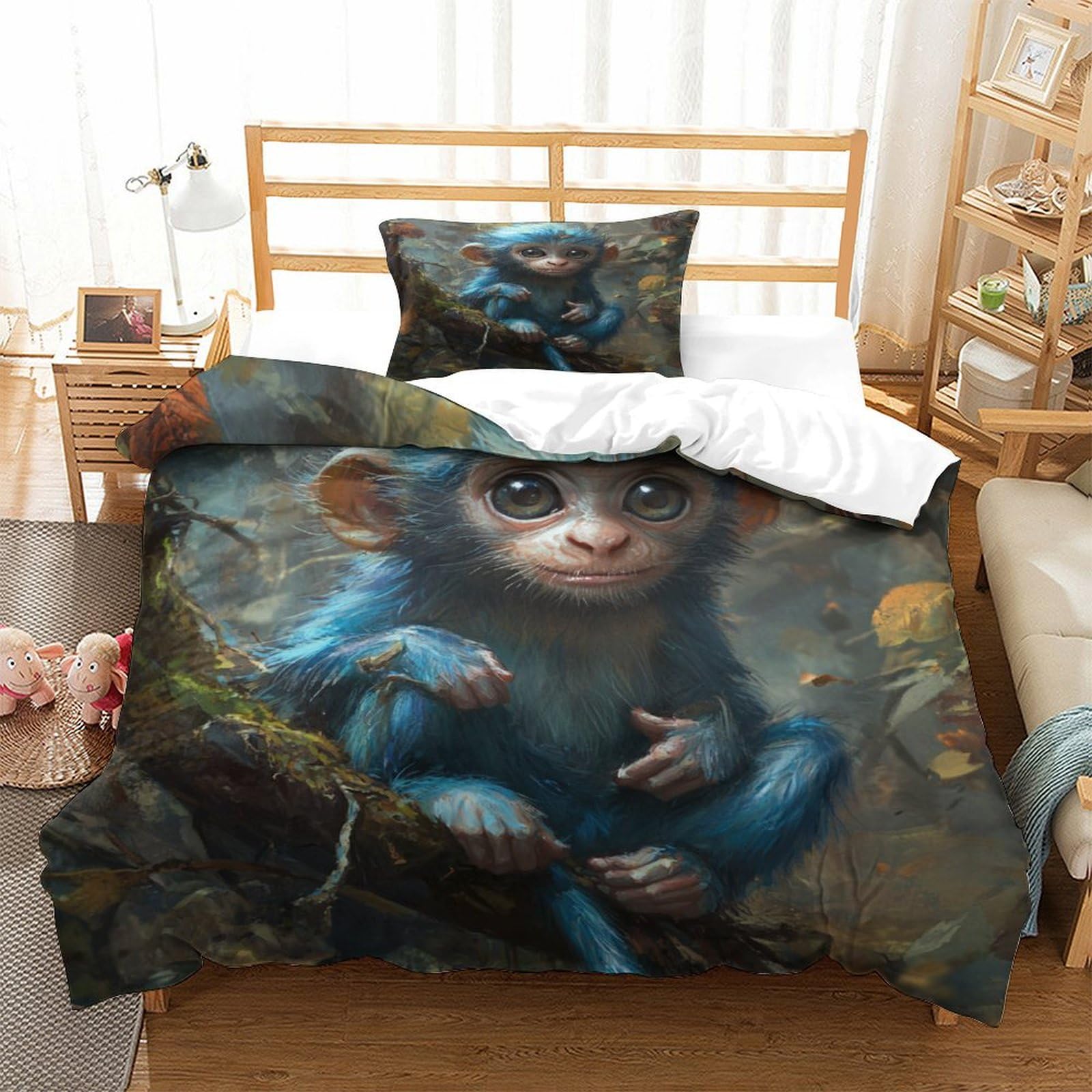 P1s9u7w5y Monkey-4 Woodland Monkey 3D Printed Duvet Cover Set 3Pcs Microfiber Cartoon Monkey Bedding Set Single（135X200cm）