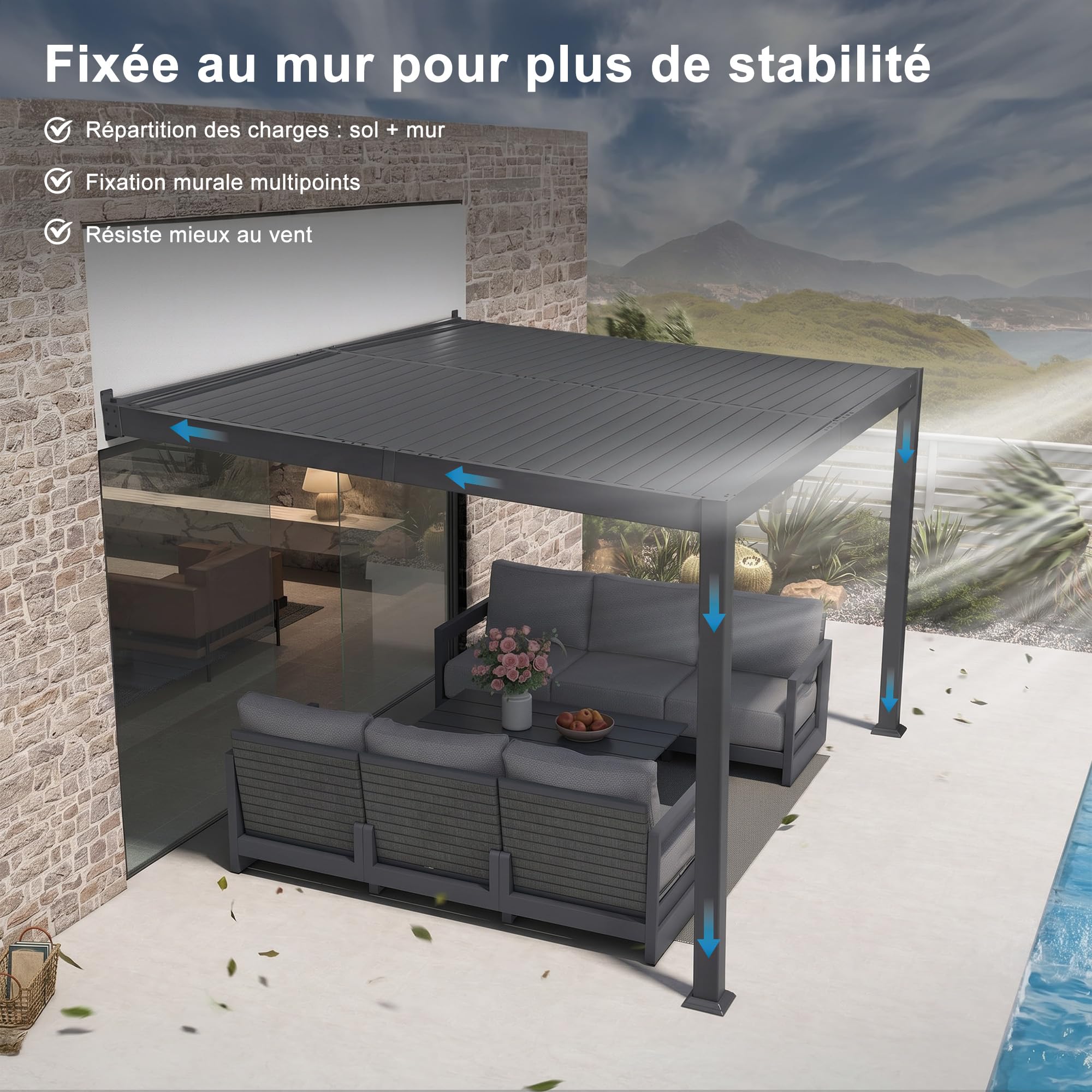 PURPLE LEAF Pergola Bioclimatique Adossée 3 x 4,25 m en Aluminium, Entretien Facile, Pergola Bioclimatique Murale avec Lames Orientables, Résistante UV et Pluie, Idéale pour Jardin et Patio, Gris