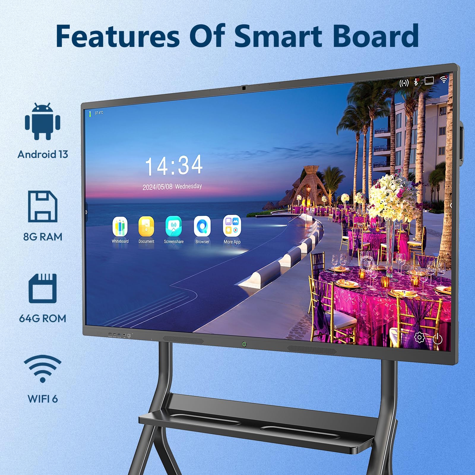MWE 65 Pollici 4K UHD Touchscreen Interattive Lavagna Digitale, 8+64GB, Microfono Incorporato, Telecamera, Supporto WiFi, HDMI, Bluetooth, Monitor Pubblicitario