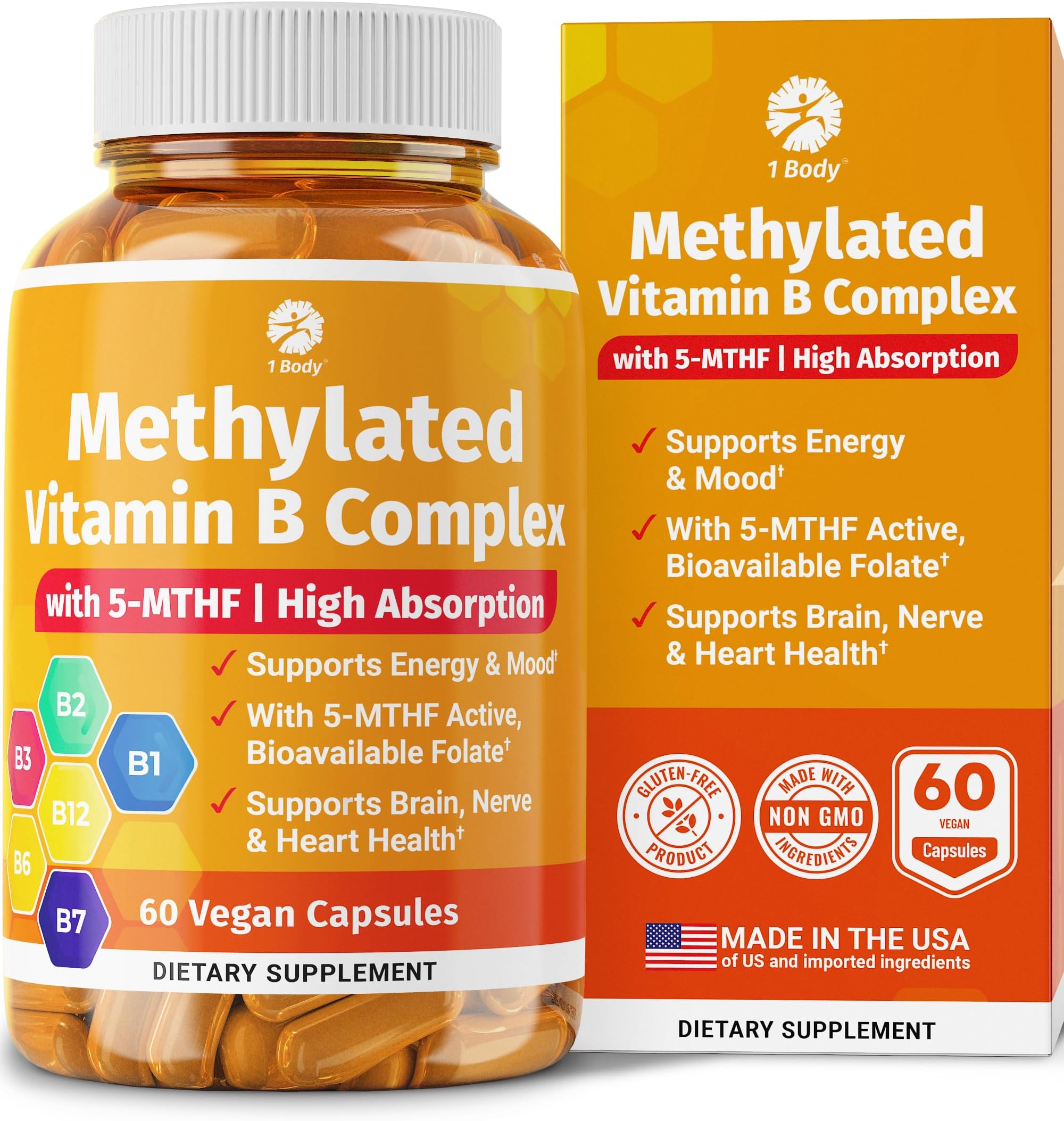 1 Body Vitamin B Complex – 5-MTHF Folate with B1, B2, B5, B6, Methyl B12, Niacin, Biotin – Wide Range of Benefits for Stress, Heart Health, Healthy Brain Function, Nervous System Support