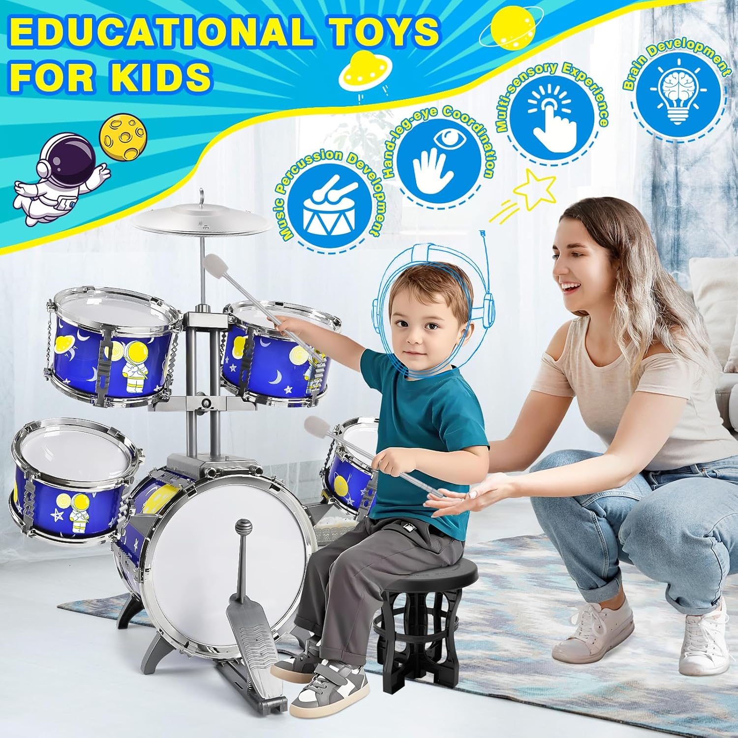 Toddler Drum Set Toys for Boys Ages 3-5 Kids Jazz Drum Kit with Bass Drum, 5 Drums Music Toy for 3 4 5 6 Year Old Boys Girls Gifts