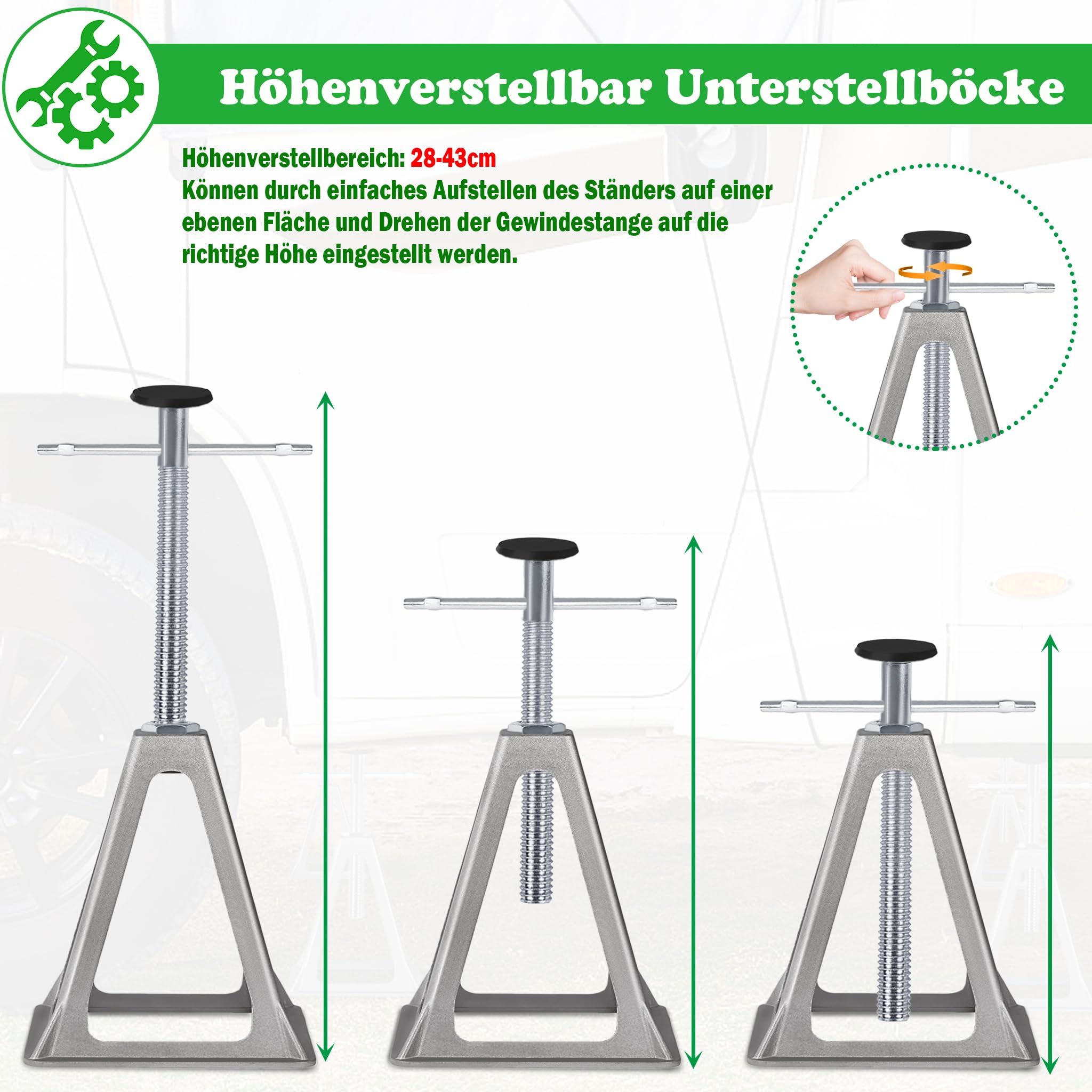 SUBTLETY Aluminium Stützböcke Set Manuelles Auto Tretlager 28-43cm Höhenverstellbar Unterstellböcke Alu Hebebühnen mit Griff Wohnmobil Ständer Belast bis 1T Wohnwagen für KFZ Anhängern (4 Stück)