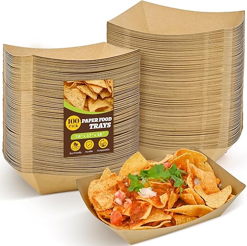 Ocmoiy Bandejas de papel de 3 libras, paquete de 100 bandejas desechables para nachos, papel kraft resistente, soportes para botes de alimentos para