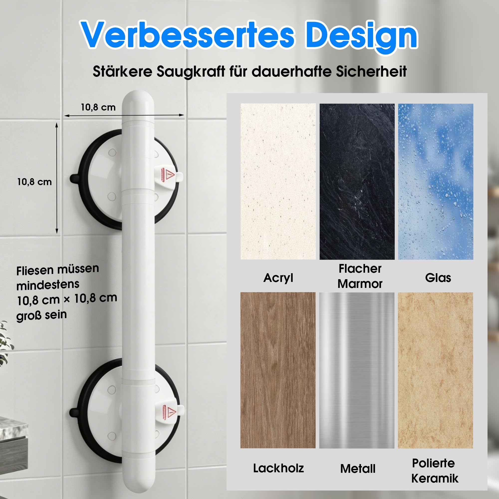 36,8 cm verbesserter Saug-Duschhaltegriff, tragbarer Sauggriff für Badewanne mit hoher Haltekraft und schneller Demontage für Badezimmer, 2 Stück