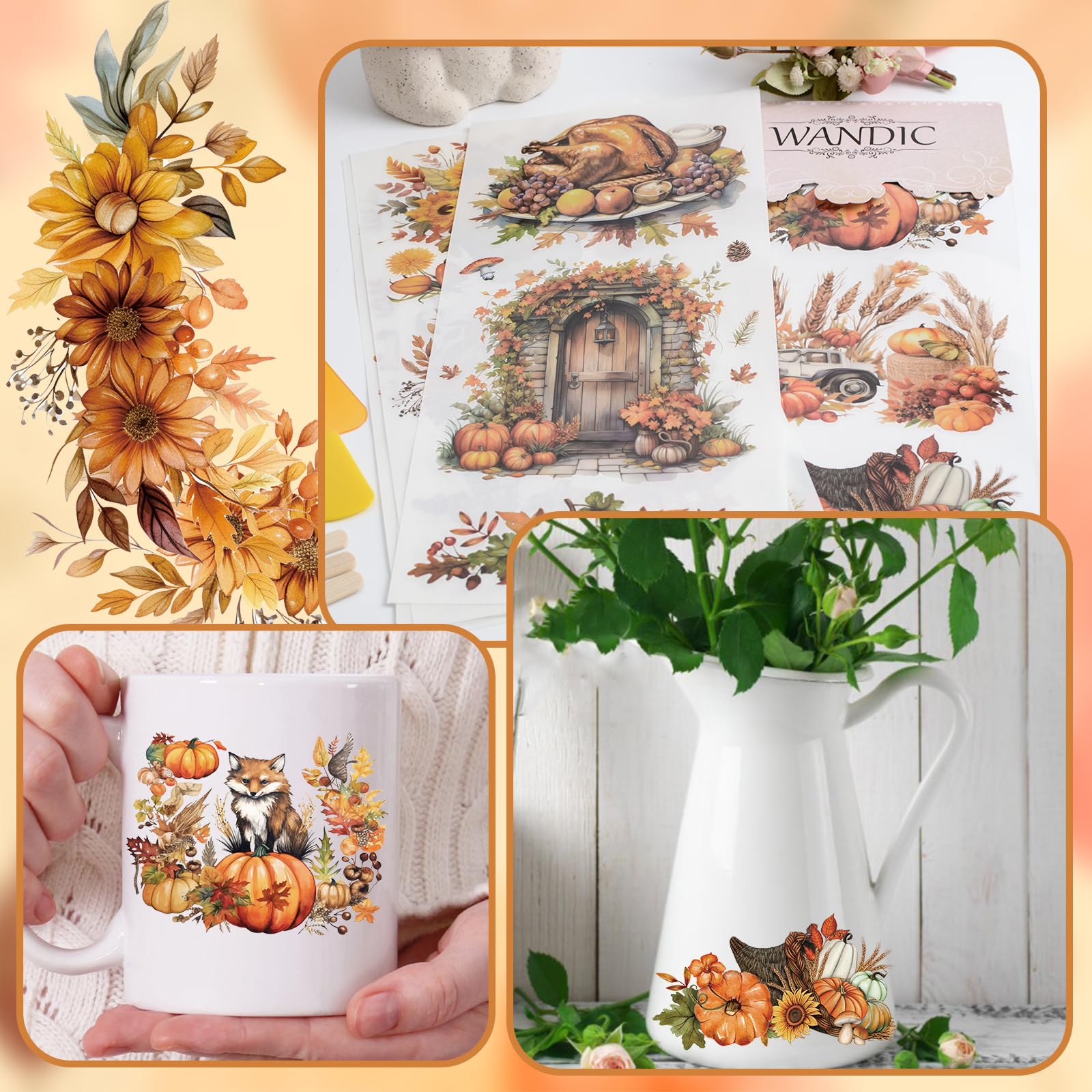Snapklik.com : WANDIC 6 Sheets Autumn Theme Rub On Transfer Sticker
