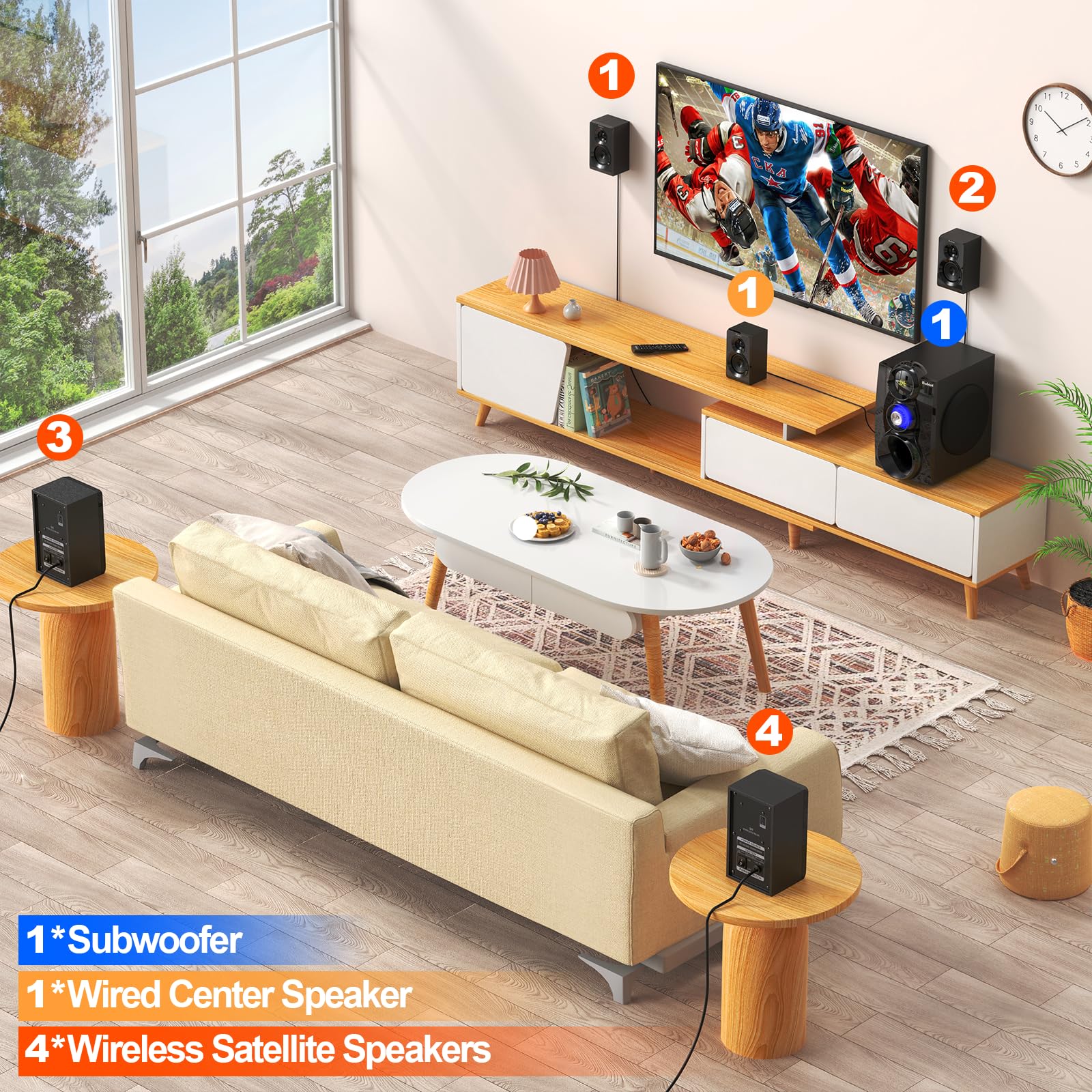 Bobtot Sistema senza fili del teatro domestico del sistema audio surround, subwoofer a 8 pollici | Altoparlanti surround 1000W 5.1/2.1 canali bassi profondi con ingresso karaoke Bluetooth ottico ARC