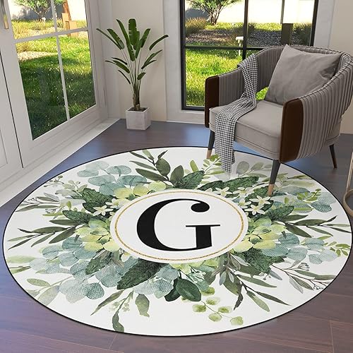 Miniatura 1 de OComster Alfombras redondas de hojas de eucalipto, monograma de letra G, tapete antideslizante para niños, alfombra residencial de primavera de
