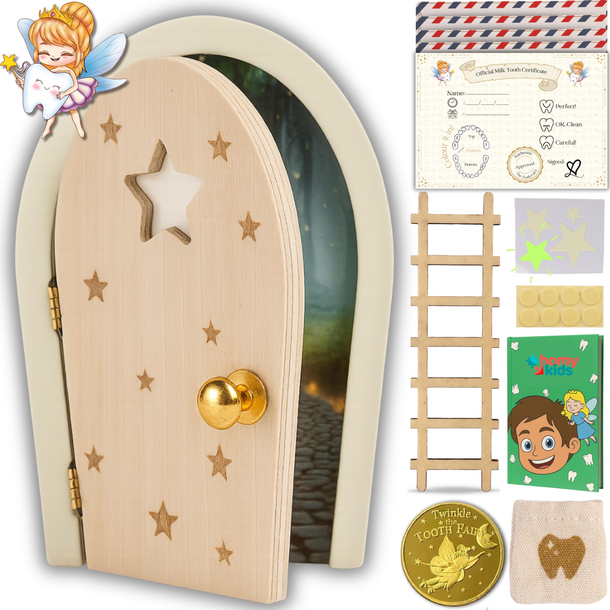 HOMYKIDS® Magische Zahnfee Tür aus Holz mit Zauberhaftem Hintergrund – Leuchtet im Dunkeln – Zahnurkunden + Münze + Leiter + Zahnbeutel + Fluoreszierende Stern-Sticker + KOSTENLOSES E-BOOK