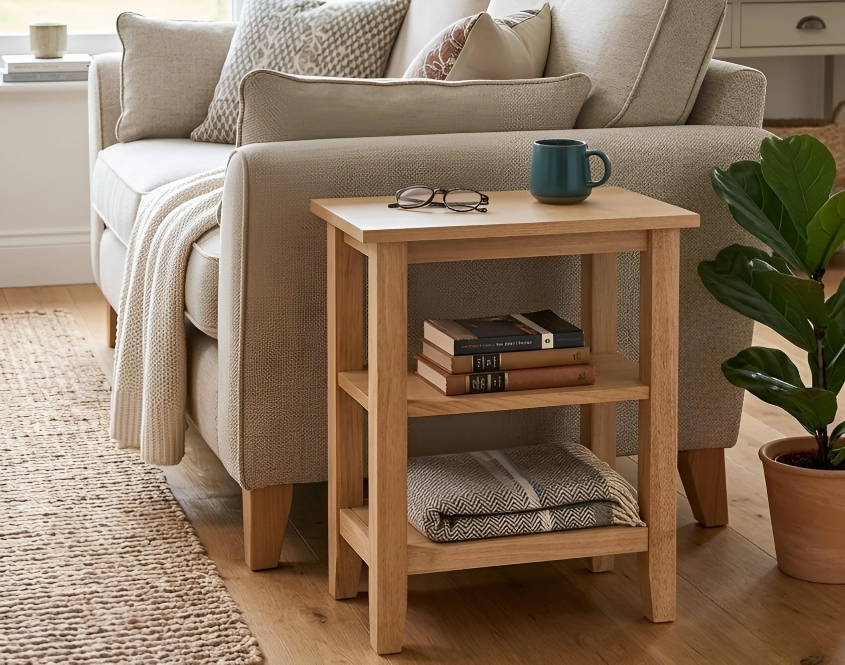 Delex Narrow Side Table – Oak Effect Wooden Coffee Table with 2 Open Shelves, Small Bedside and Lamp Table for Living Room, Bedroom or Hallway, Compact Storage Table for Small Spaces. Fully Assembled