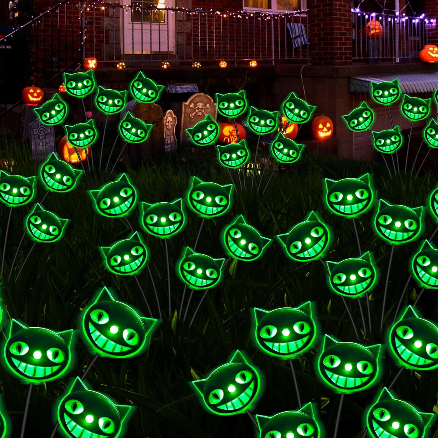 Halloween Decorations Outdoor Cat Yard Signs,12LED 2PACKS Green Cat Head Halloween Swaying Firefly Lights with Ghost Decor,Solar Halloween Path Lights for Yard/Lawn/Porch Ghost Decor