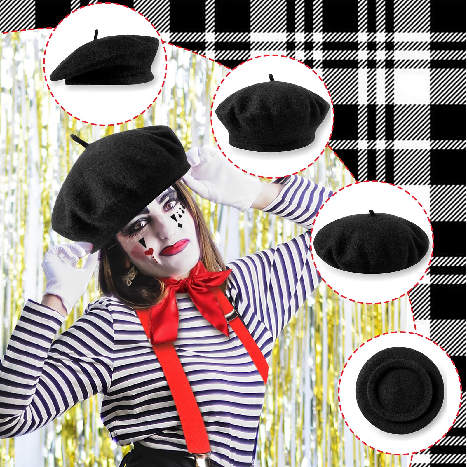 Costume Mime Femme Et Homme 6 Pièces – Béret, Écharpe, Gants, Tatouage, Chaussettes Et Bretelles – Déguisement Carnaval, Halloween, Cosplay – Taille Unique Adulte