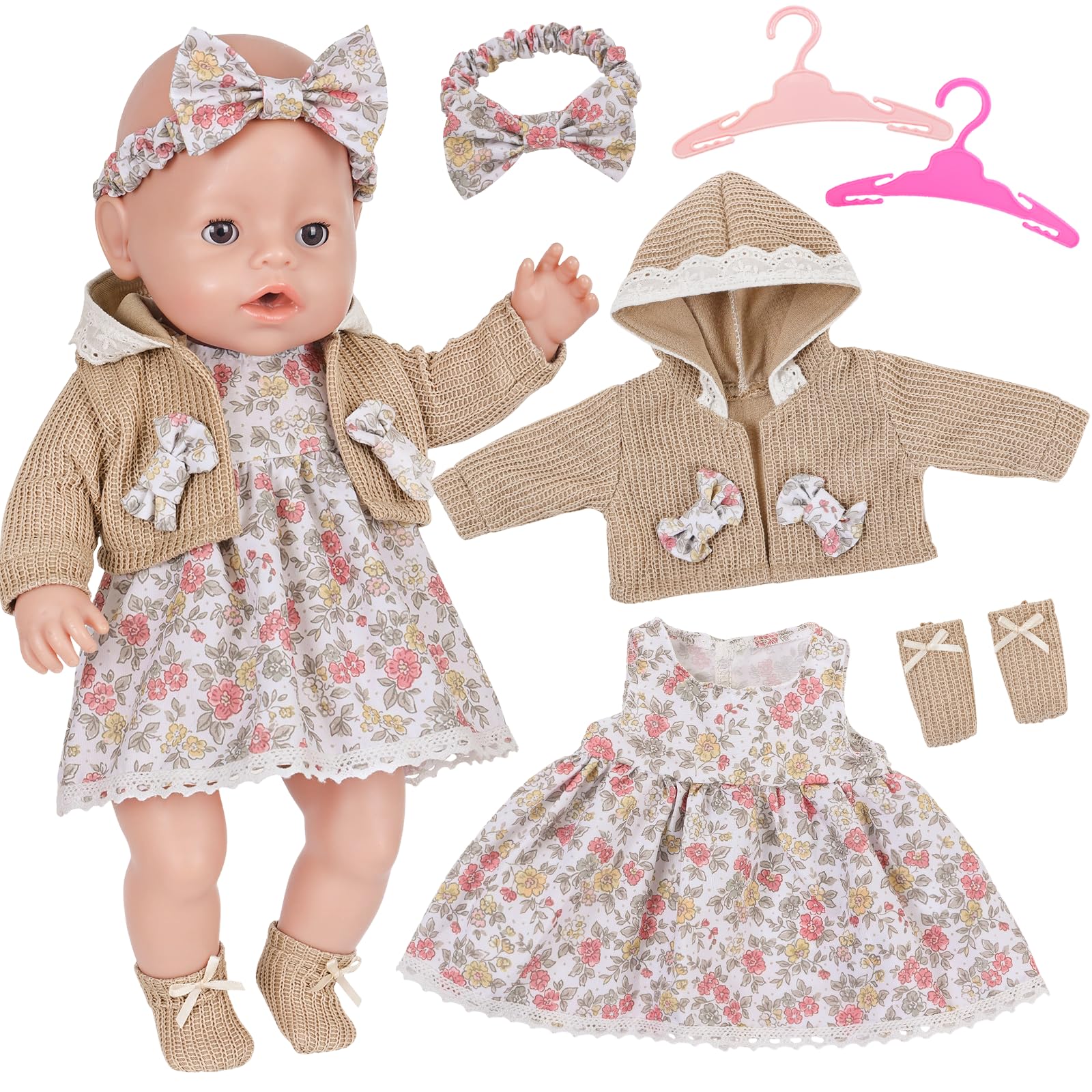 6 Pcs Doll Clothes for 30–40 cm Baby Dolls, Khaki Jacket, Bow Headband, Dress, Socks, and Hangers, Doll Clothes for 12-16 Inch Doll Accessories Gifts for Girls Boys