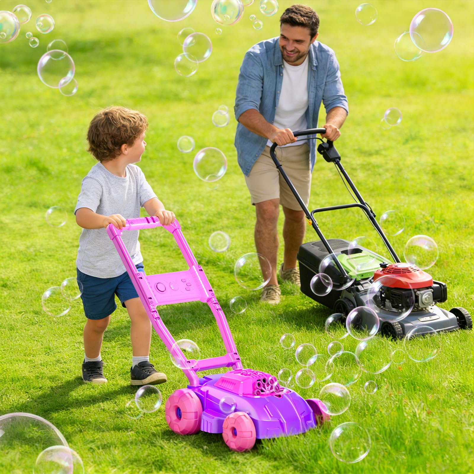 Rasenmäher Seifenblasenmaschine Kleinkinderspielzeug, Sommer Outdoor Spielzeug Spiele, Seifenblasenmaschine für Kleinkinder Vorschulkind Jungen Mädchen Geburtstag, Rosa