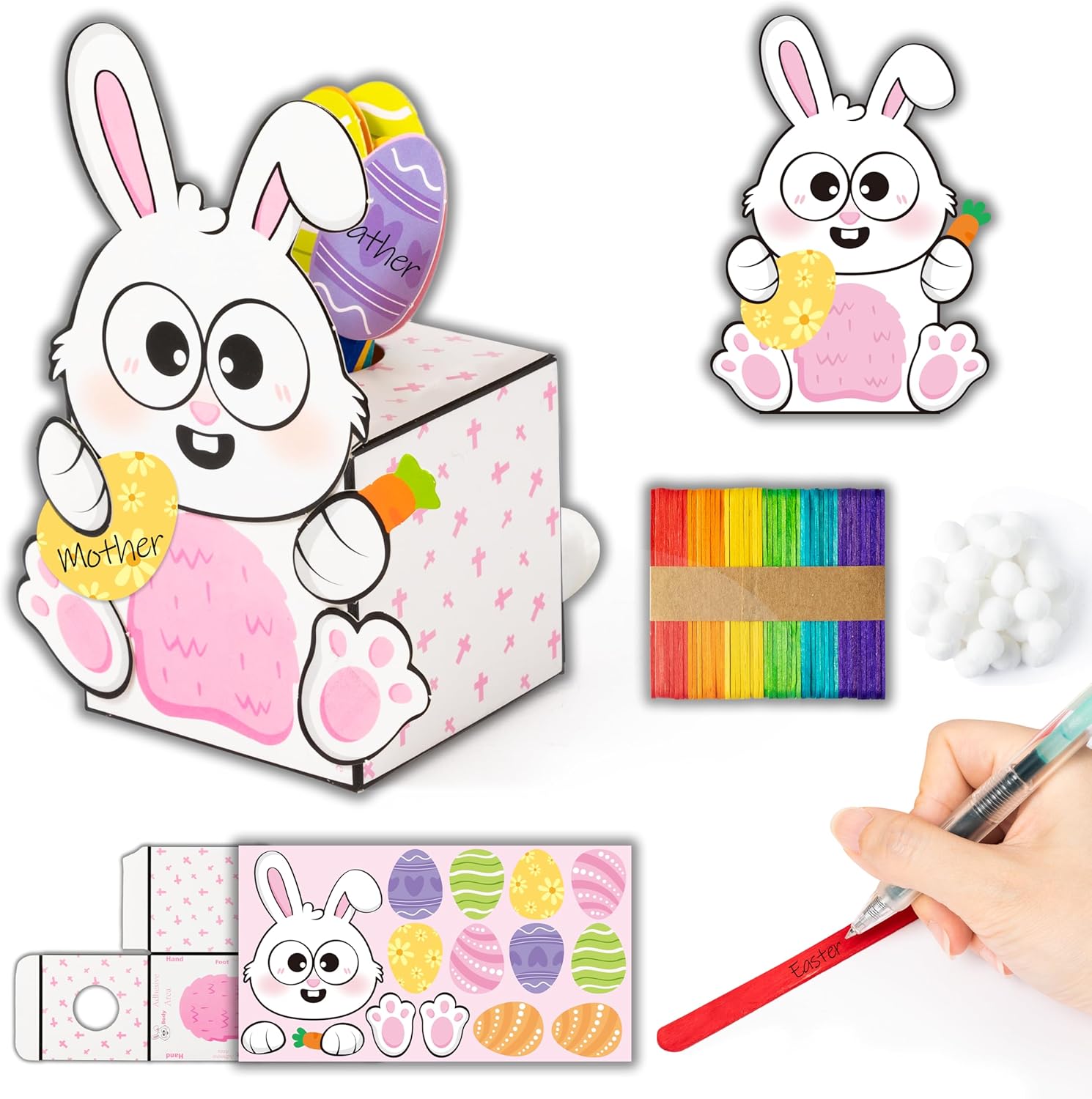 BeYumi Easter Prayer Box Craft - 24Pcs Easter Bunny Jar Craft Kit DIY Religious Prayer Jar with Popsicle Stick Christian Rabbit with Cotton Tail Box Sunday School Party Blessing Fun Activities for Kid