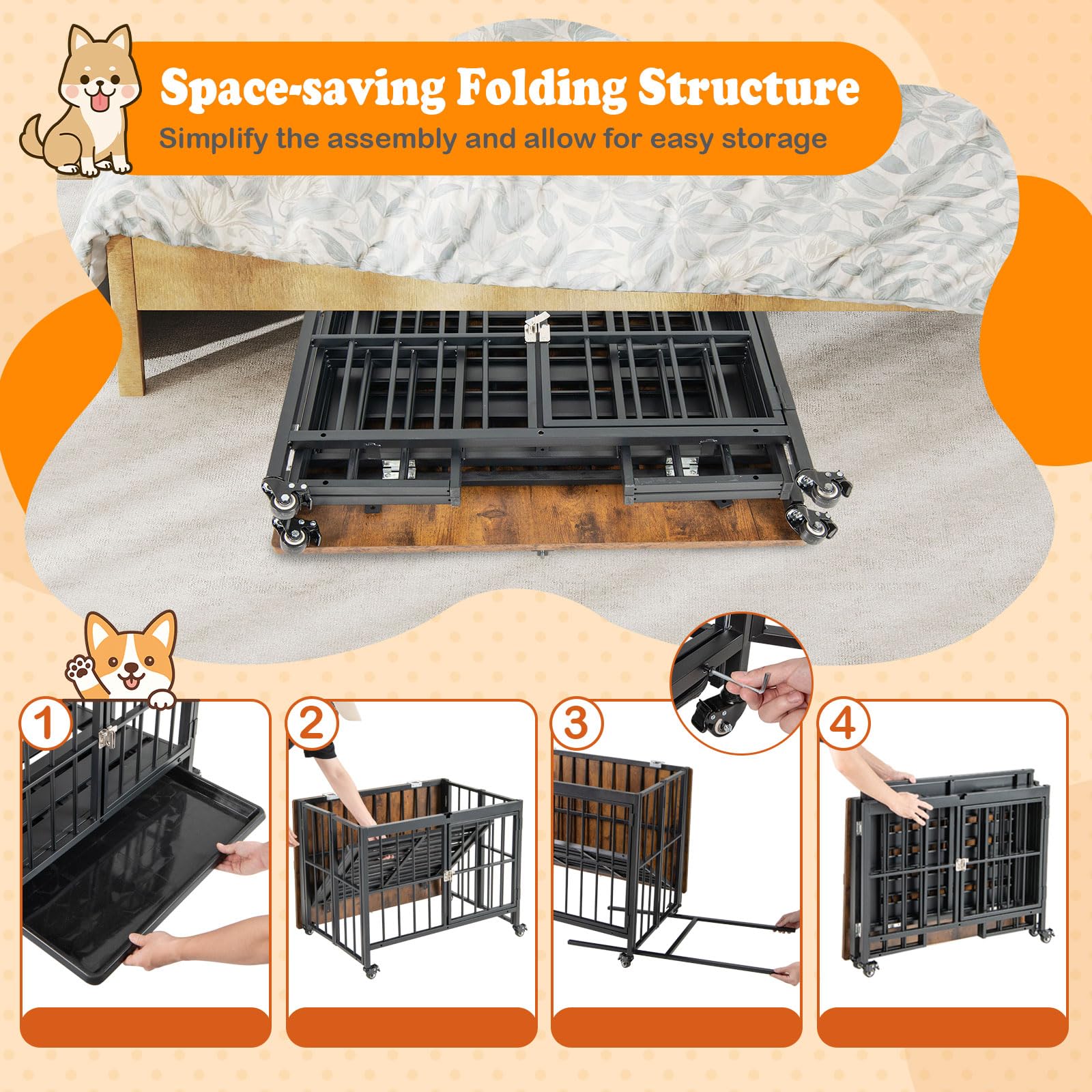 COSTWAY Jaula Plegable para Perros, Casa para Perros con Puerta, Ruedas Bloqueables y Bandeja Extraíble, Ahorra Espacio, Mueble de Madera para Perro con Estructura Metálica de Interior (80x61x64 cm)