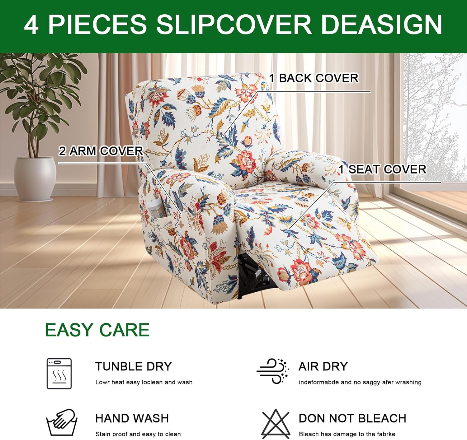 FUANGUI Recliner Chair Cover 4-Pieces Lazyboy Cover for Recliner Chair with Storage Pockets Furniture Protector for Living Room, Jacquard Sofa Slipcover for Kids, Pets, Dog and Cat, 36