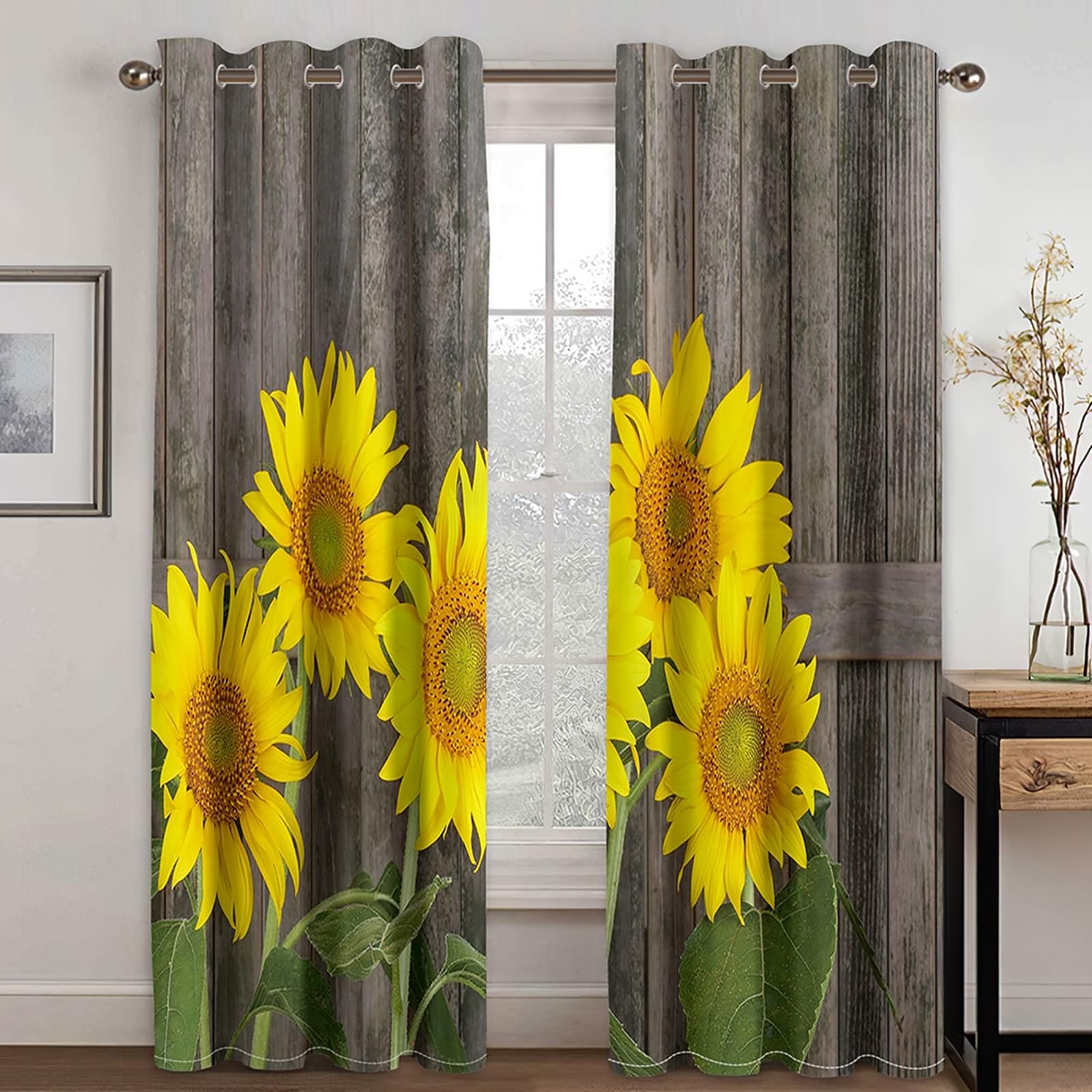 Lichtundurchlässige Vorhänge, 96x138cm Braun Gelb Grün Holztür und Sonnenblumenmuster Verdunklungsvorhänge mit Ösen