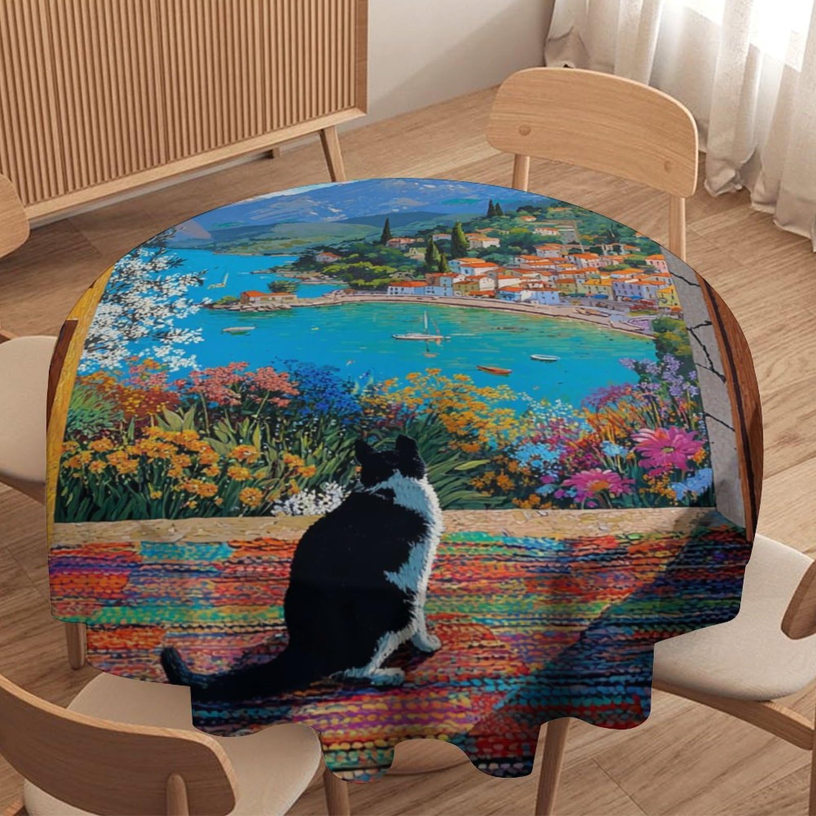 LUYYSKY Retro Watercolor Cute Cat Waterproof Round Tablecloth Beautiful Classic Nautical Seaside White Flowers Animal Kitten Washable Table Cover for Kitchen-177.8" Wx177.8 L cm
