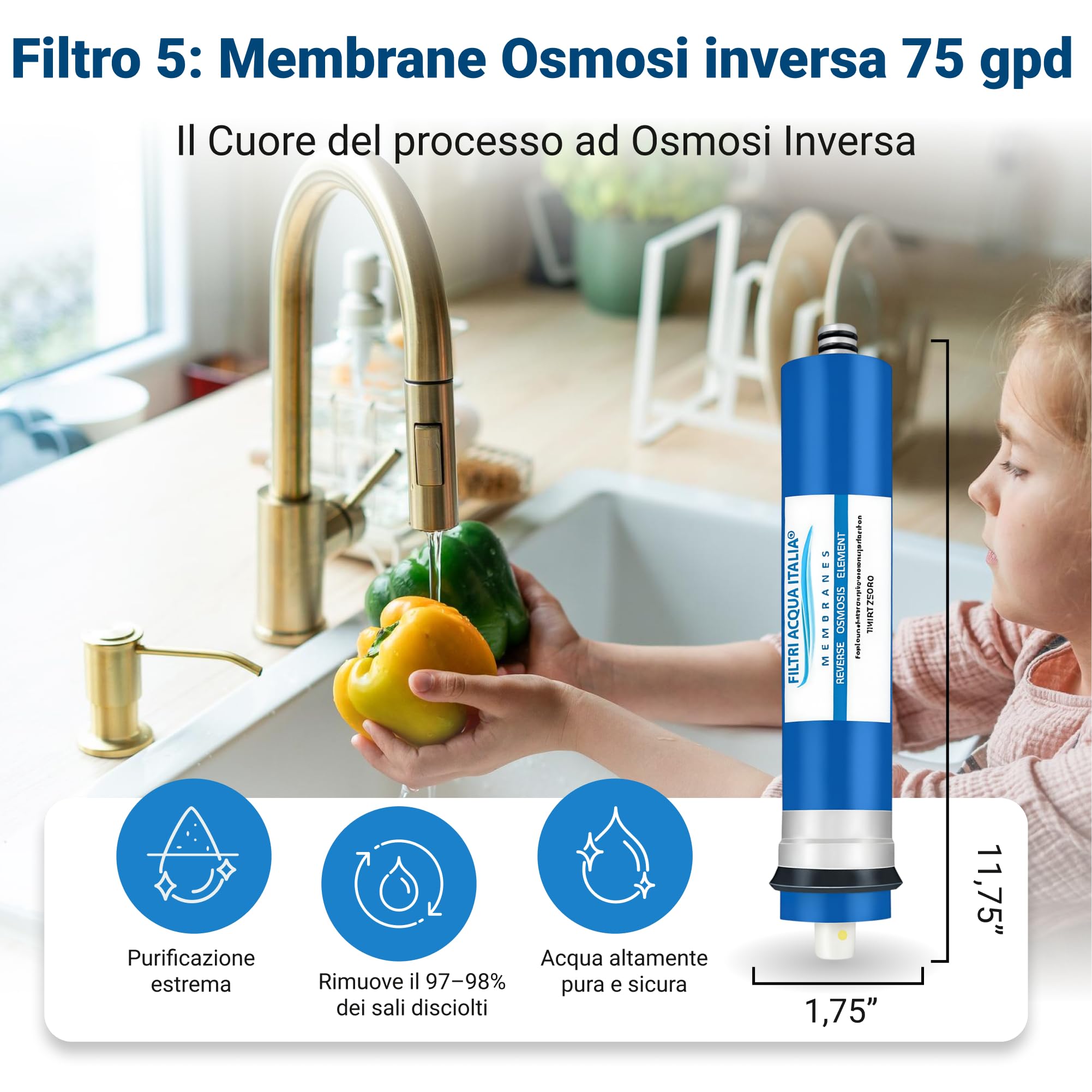 Kit Ricambio Filtri Osmosi Inversa 5 Stadi con Membrana 75 GPD