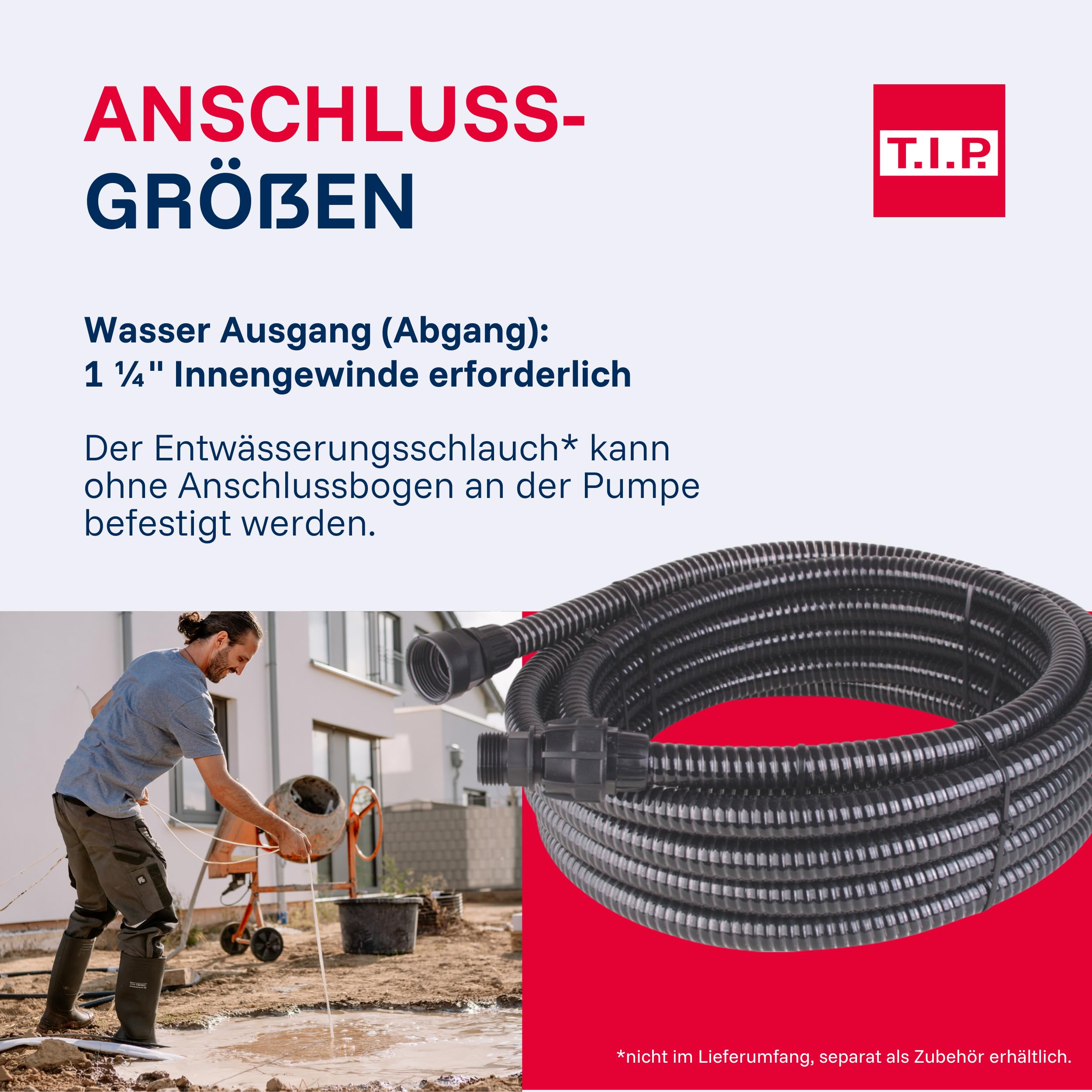 T.I.P. Schmutzwasser Tauchpumpe (7.000 l/h Fördermenge, 5 m Förderhöhe, 0,5 bar Druck, 300 W, 20 mm Korngröße, GFK Pumpengehäuse, VORTEX Laufrad, Inkl. Schlauchanschlußbogen) TVX 7000, 30268
