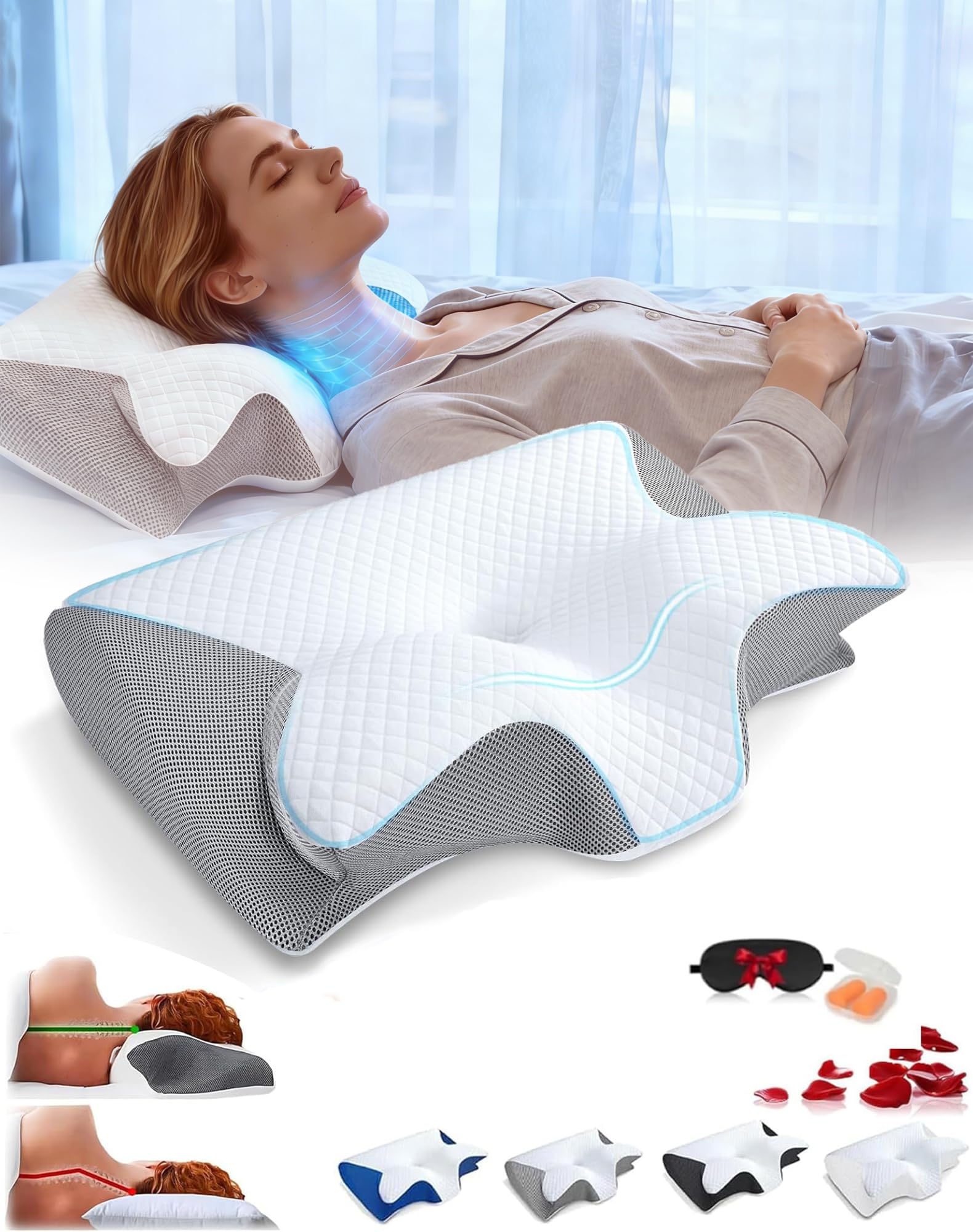 Sleep Apnea Pillow Ergonomic Pillow for Neck Pain Relief 2 in 1 Neck Support Pillow for Sleeping Breathable