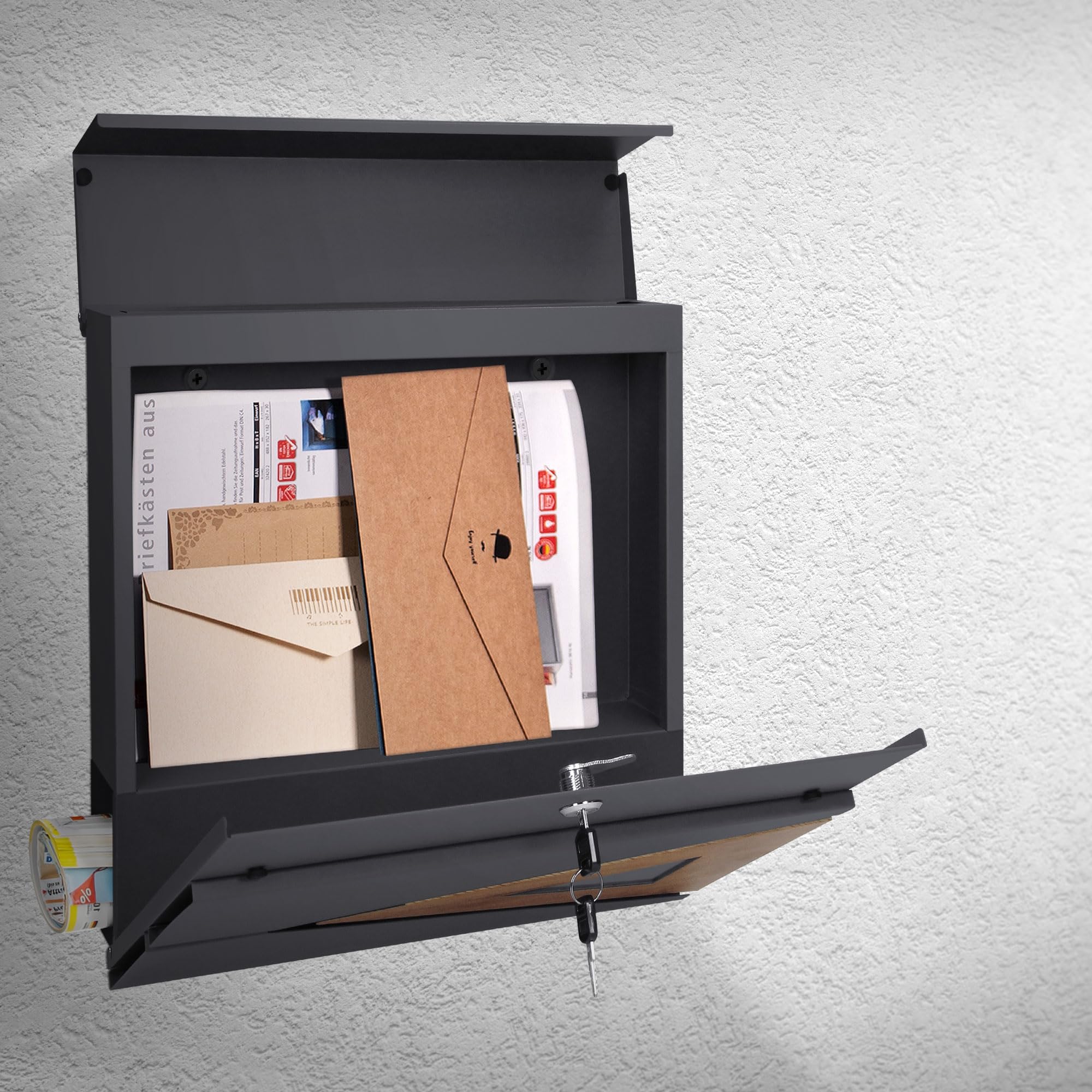 ML-Design Boîte aux Lettres 37x36,5x11 cm Anthracite/Optique Bois, en Acier, Boîte Postale avec Compartiment à Journaux/Courrier, Verrouillable avec 2 Clés, Murale, Design Moderne, avec Porte-Journaux